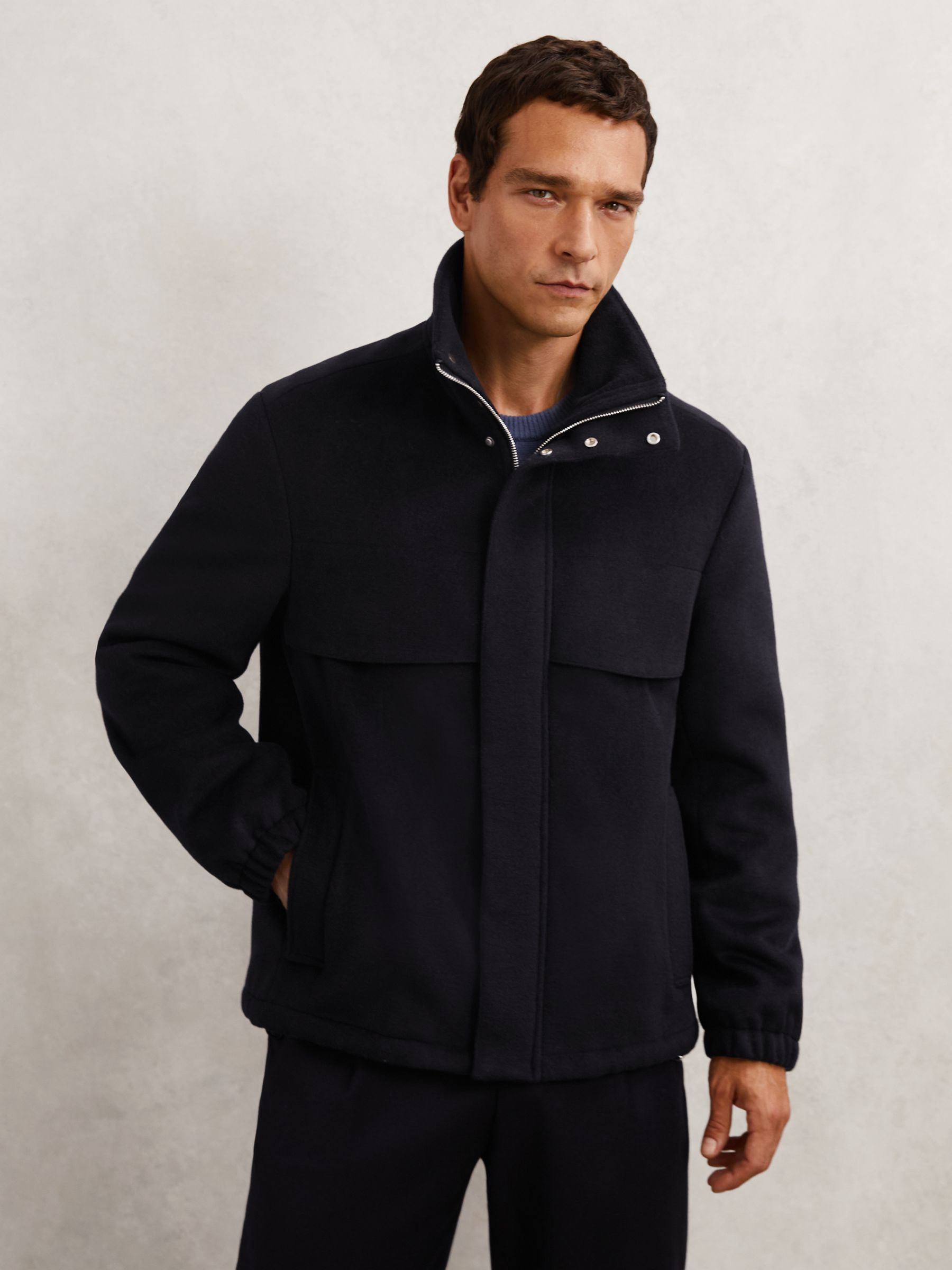 Wool-Blend Funnel-Neck Zip Jacket in Navy