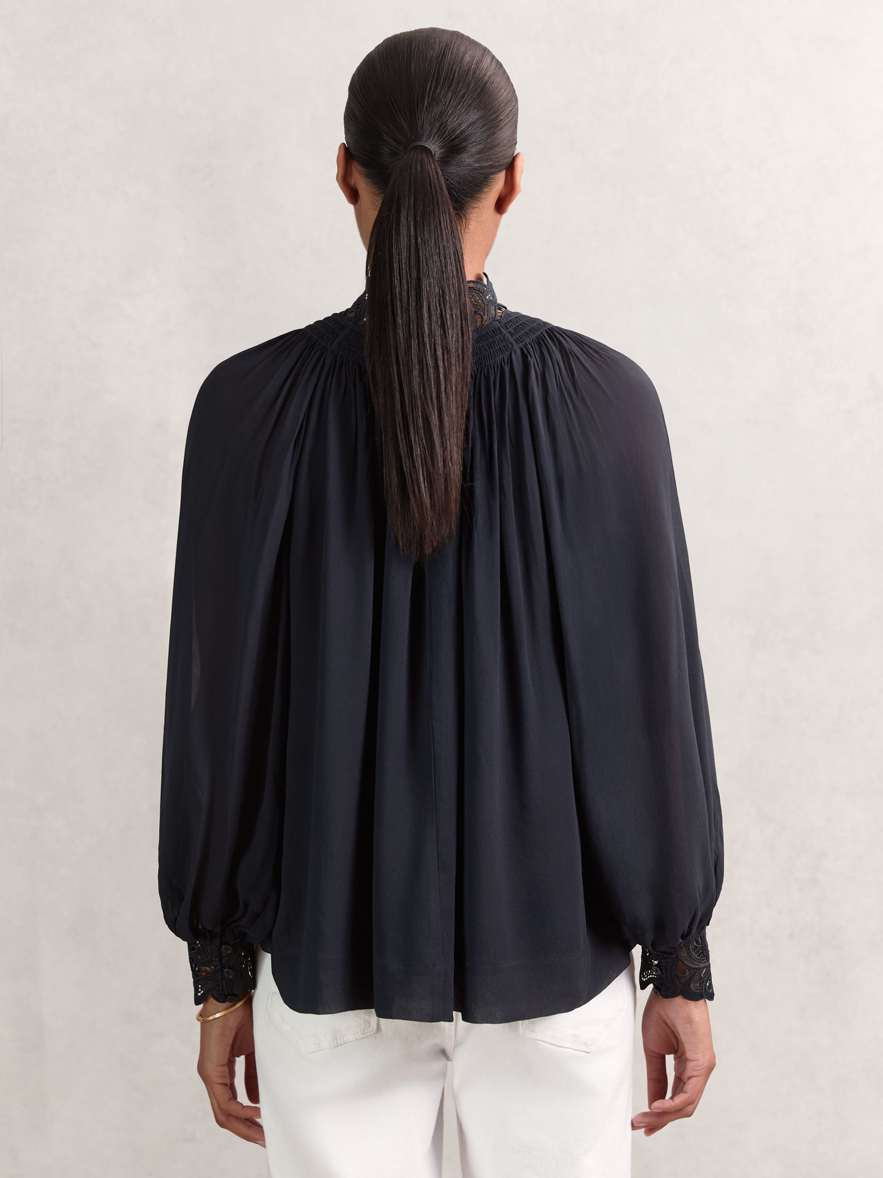 Lace-Trim Draped Chiffon Top in Navy