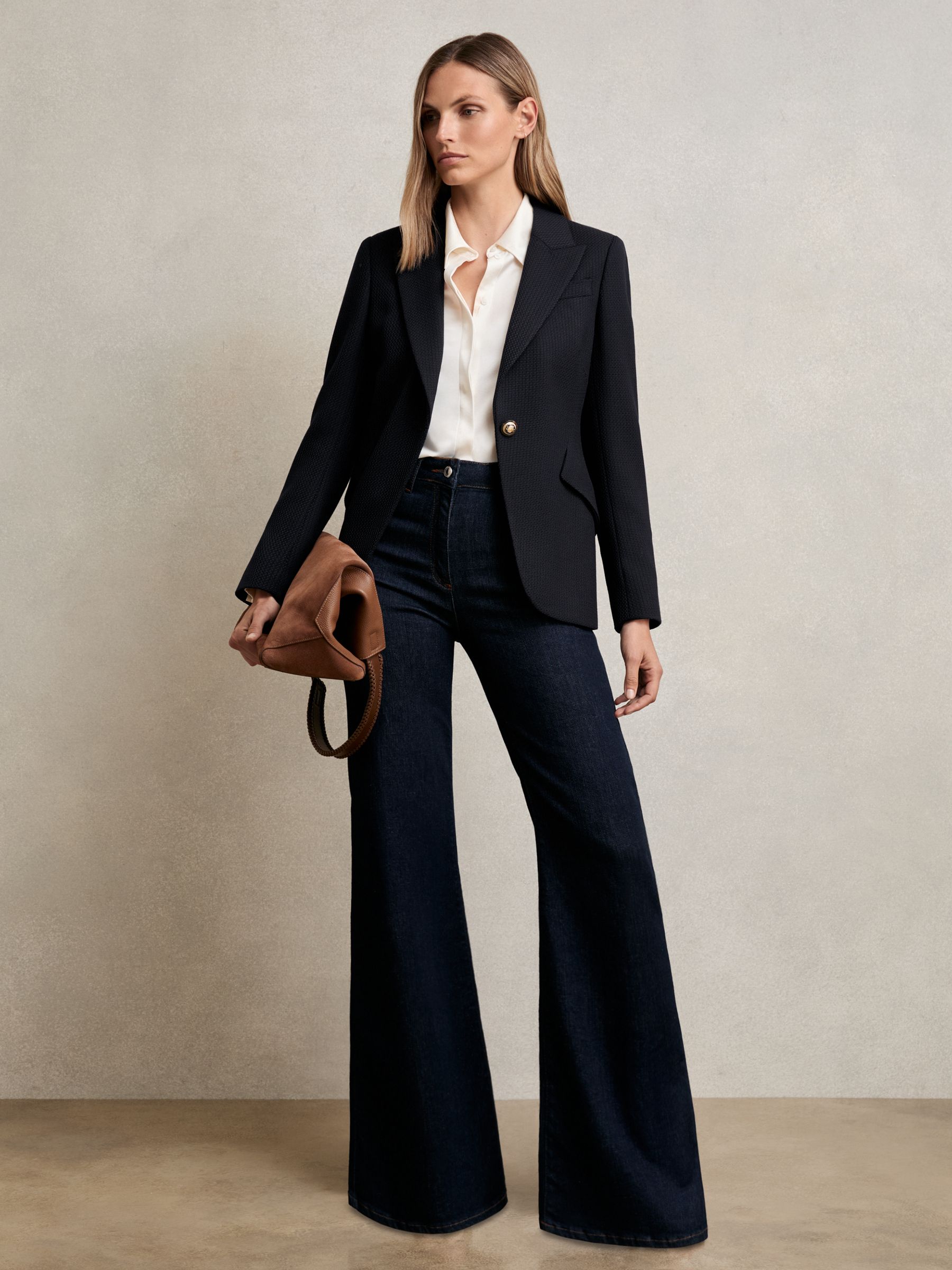 Single-Breasted Textured Blazer Wool-Blend in Navy