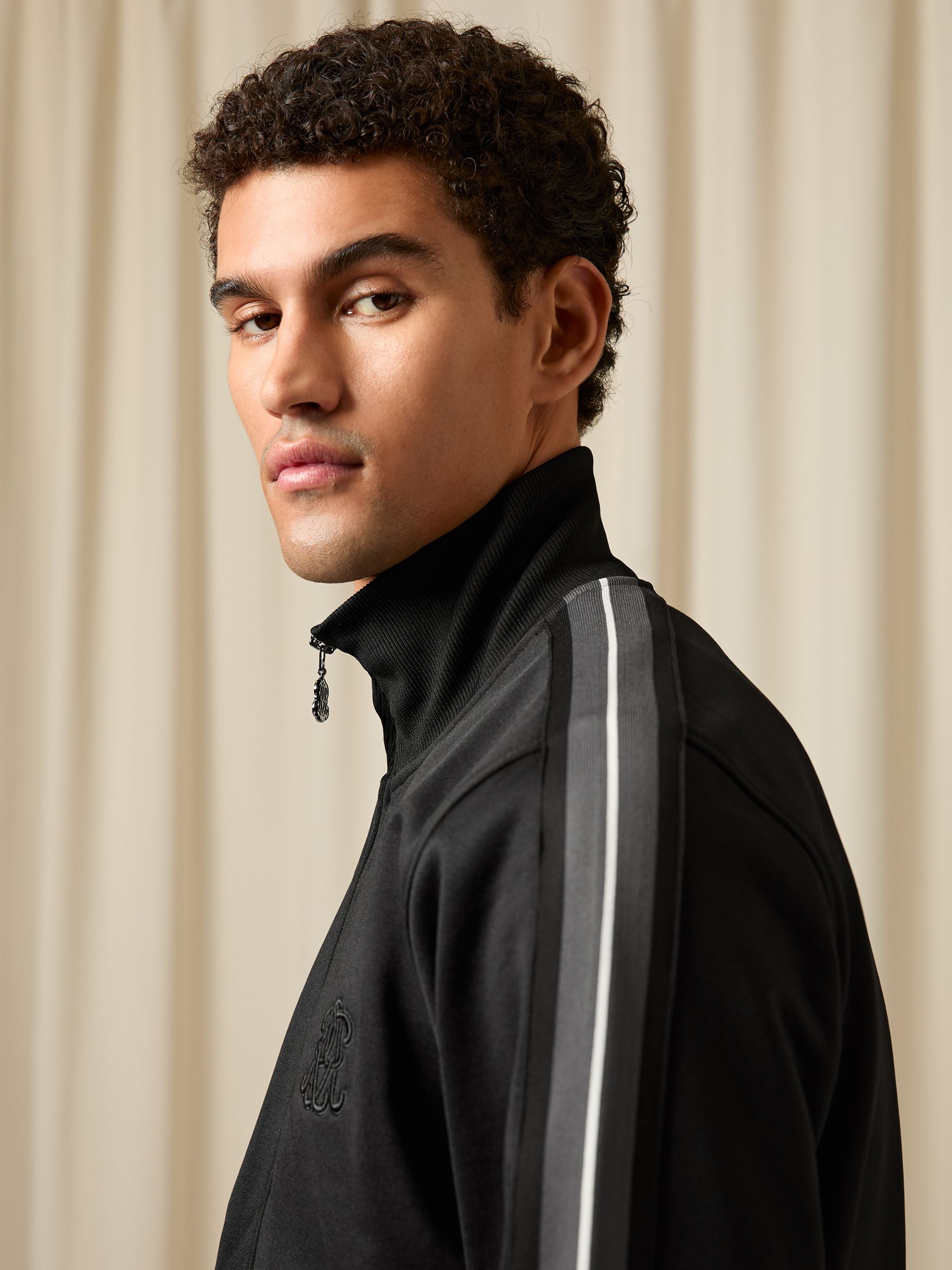 Monogram Zip-Through Relaxed Track Top in Black