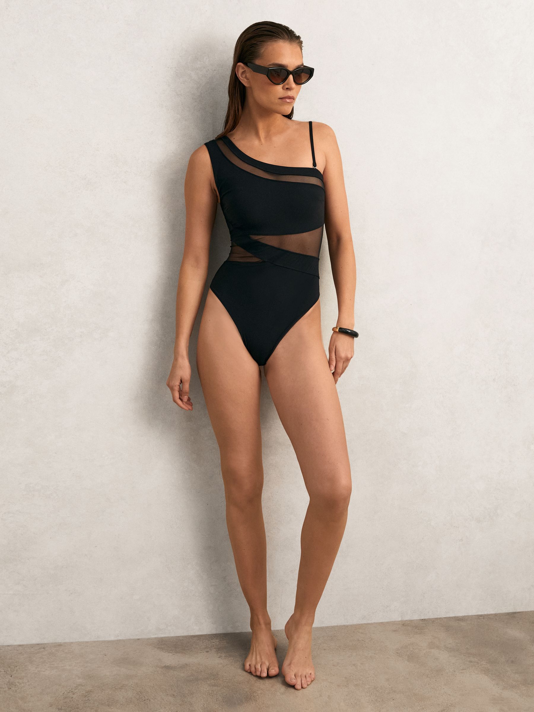 One Shoulder Mesh Panel Swimsuit in Black