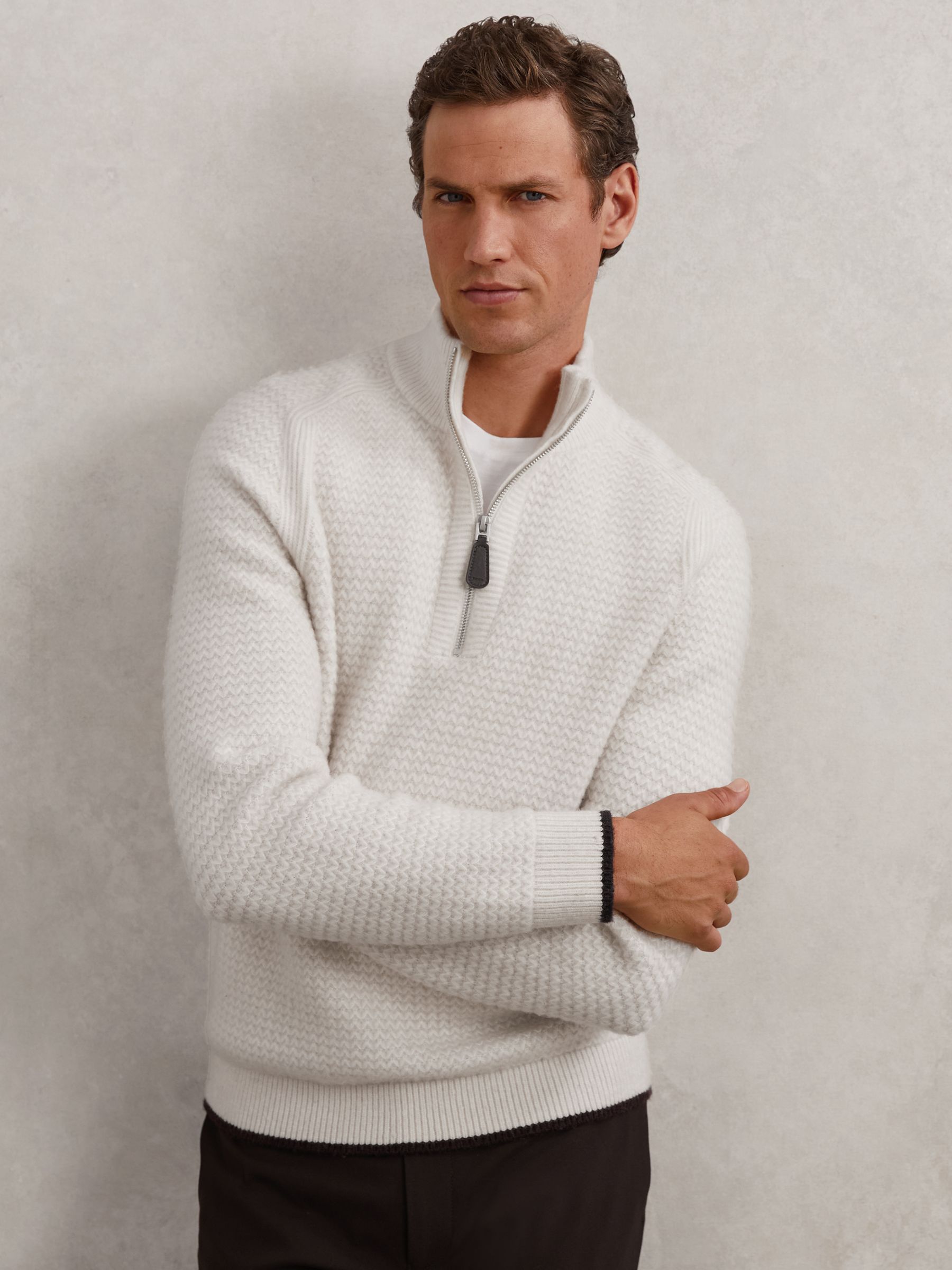 Half-Zip Chevron-Knit Jumper with Wool in Winter White