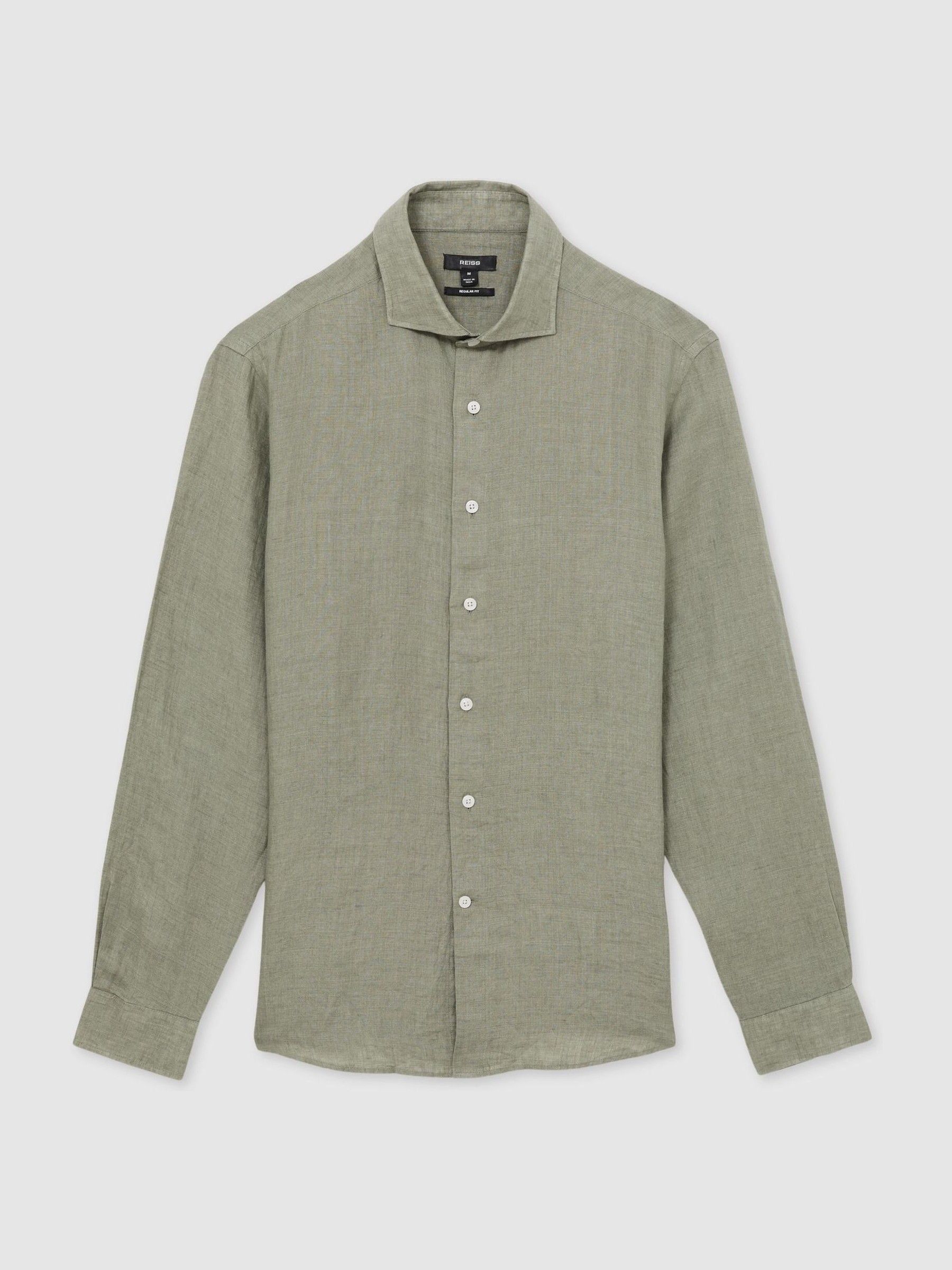 Linen Cutaway-Collar Shirt in Thyme Green