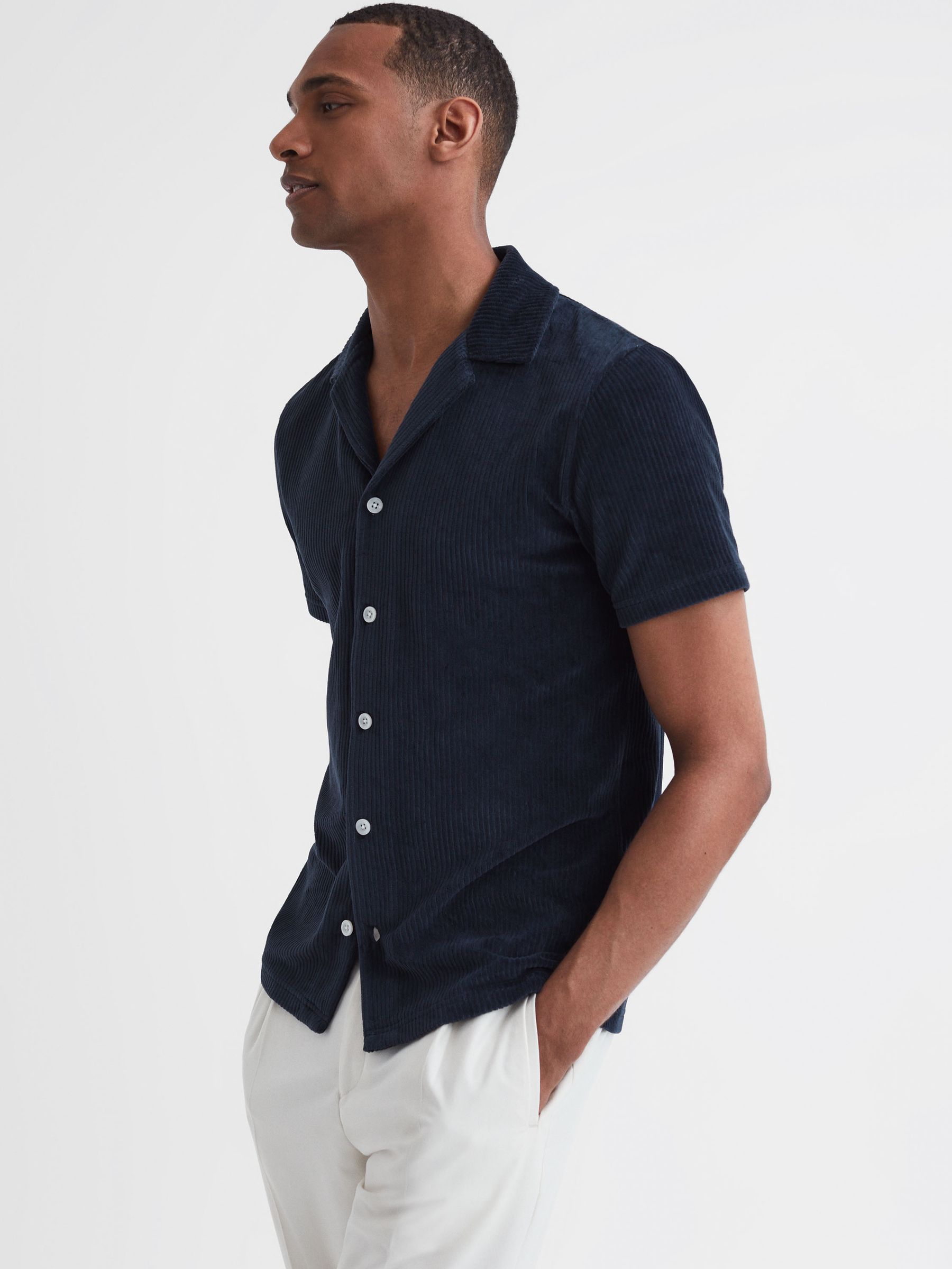 Slim Fit Cuban Collar Textured Shirt in Navy