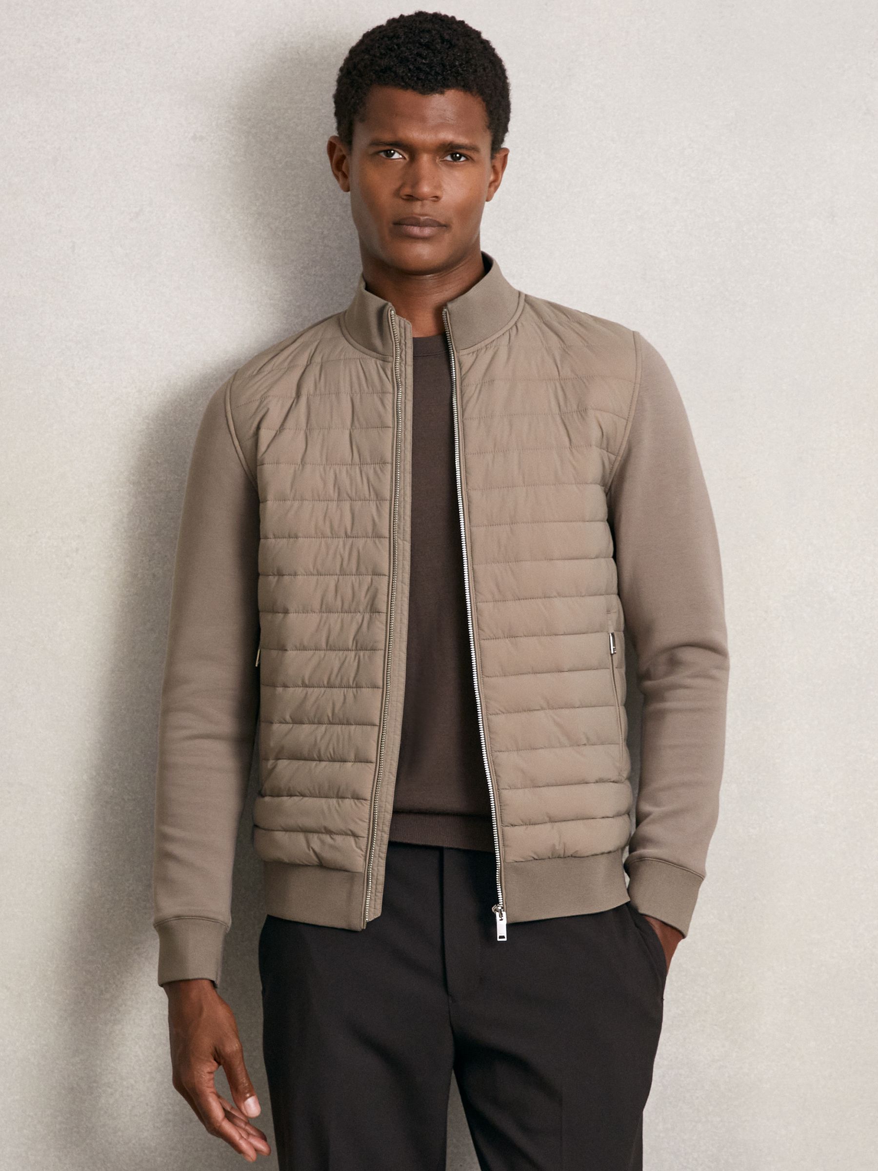 Hybrid Quilt and Knit Zip-Through Jacket in Navy