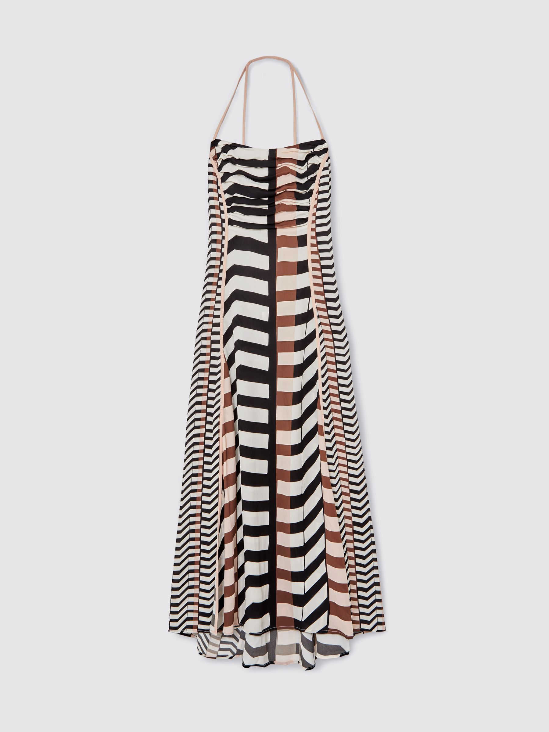 Chevron-Stripe Ruched Midi Dress in Black/Brown