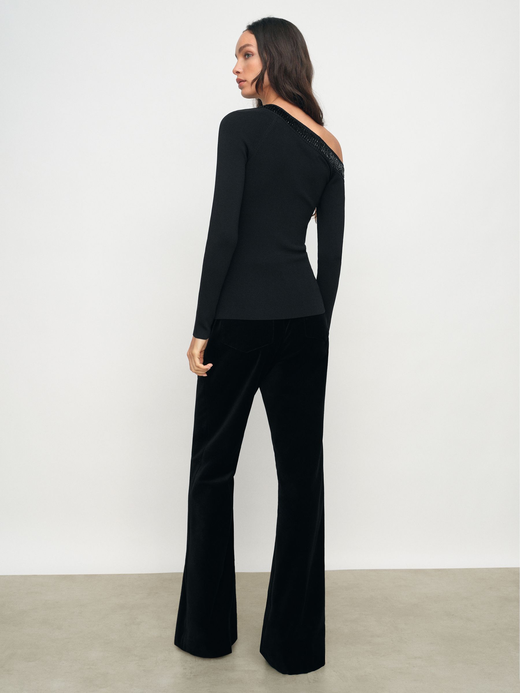 Bead-Detail Off-Shoulder Knit Top in Black