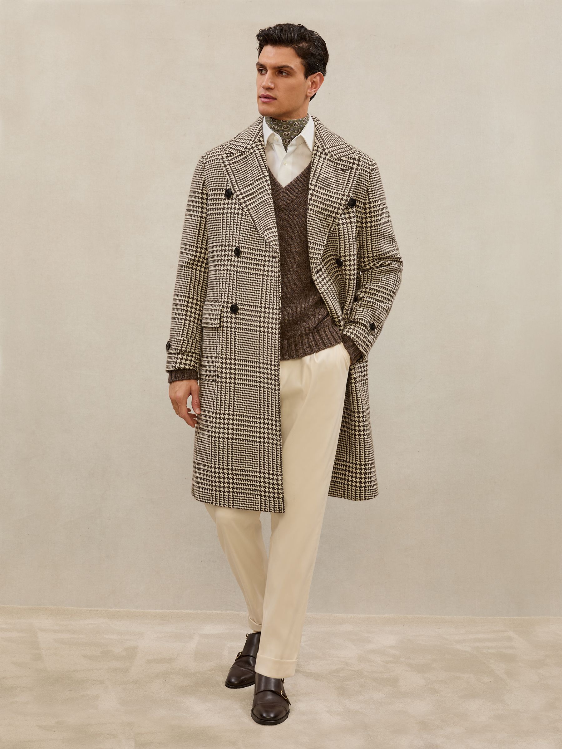Atelier Wool Check Overcoat in Brown/White