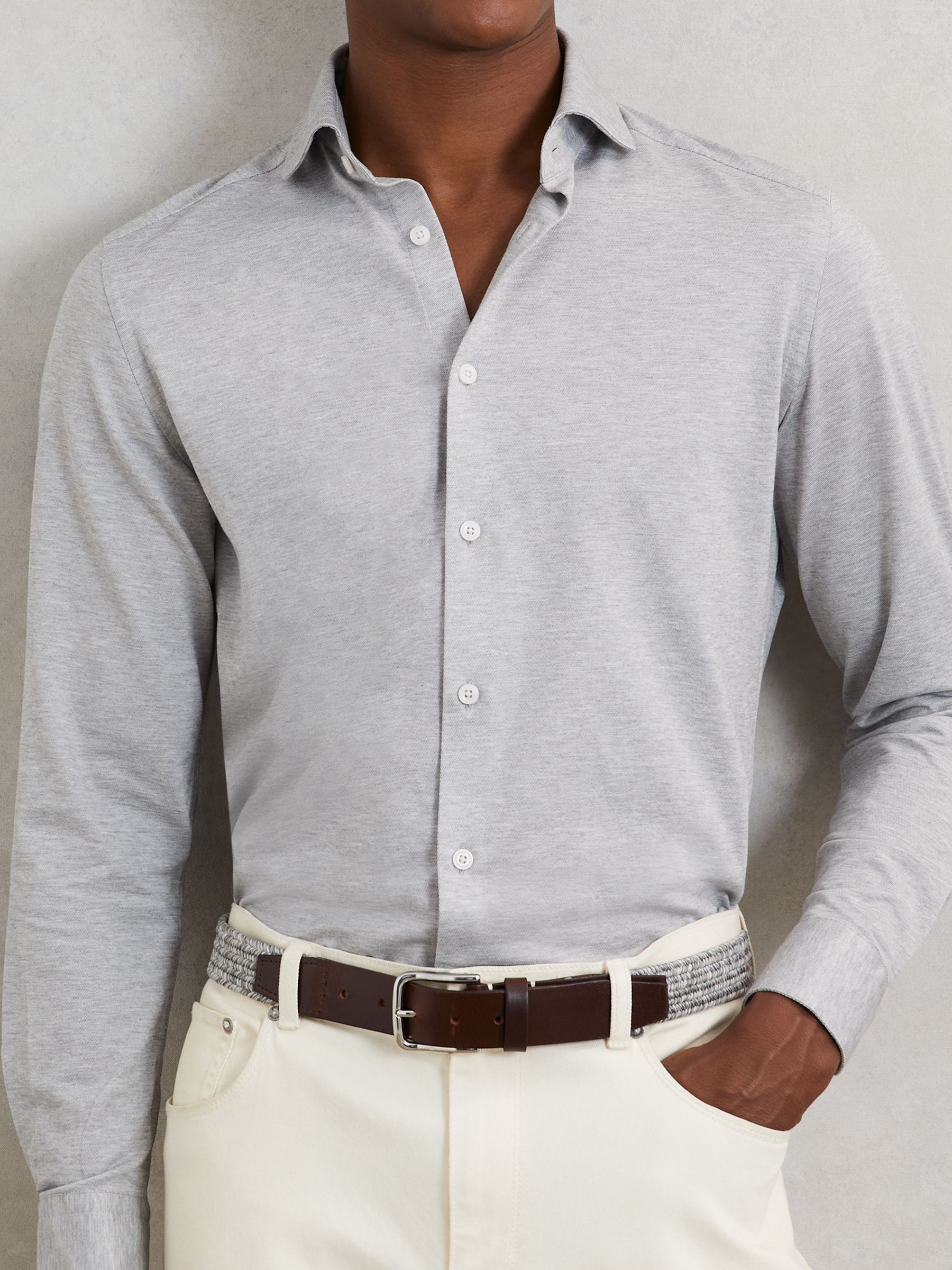 Webbing Belt With Leather Trim in Soft Grey