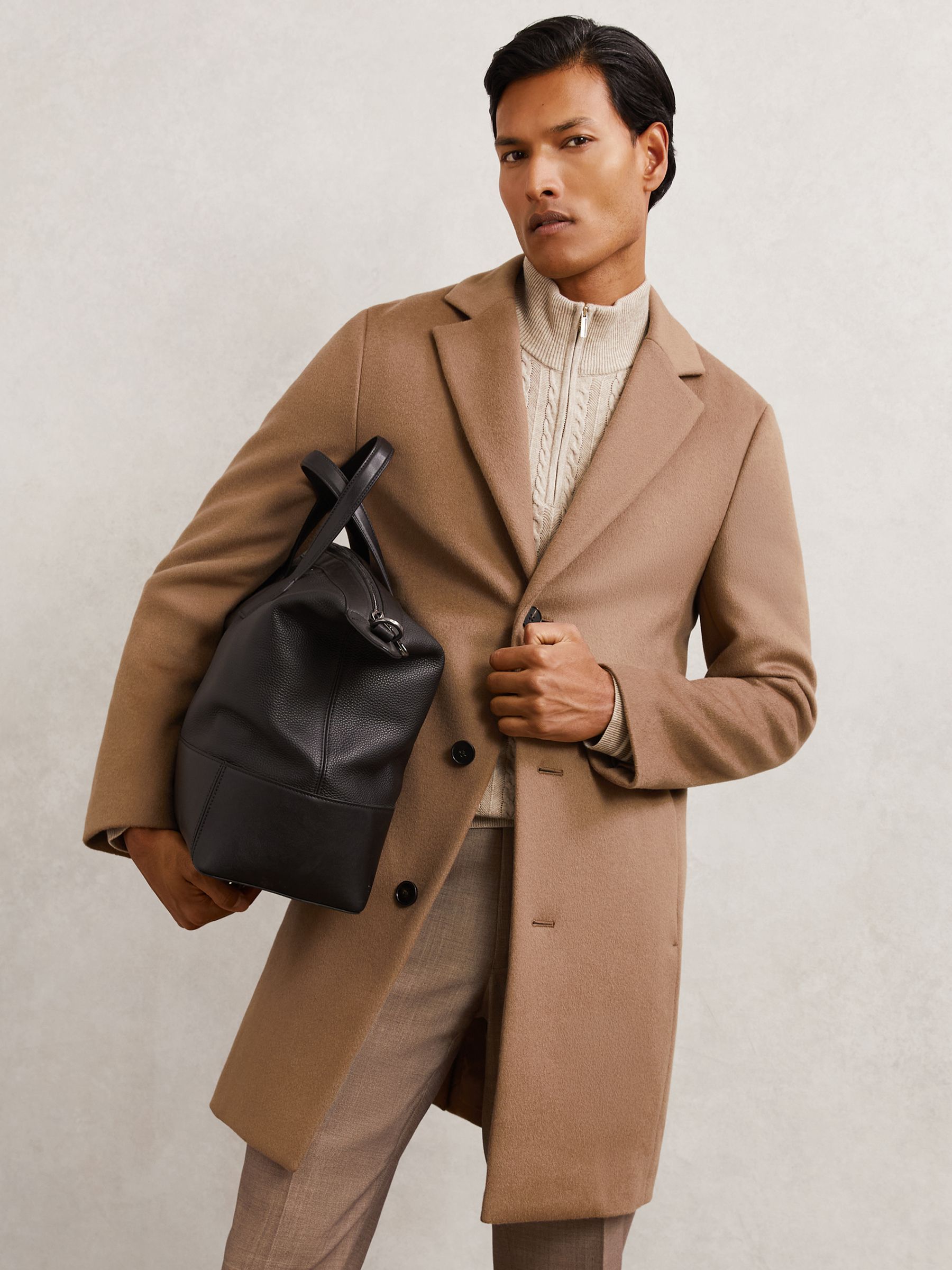 Wool-Blend Internal-Gilet Overcoat in Light Brown