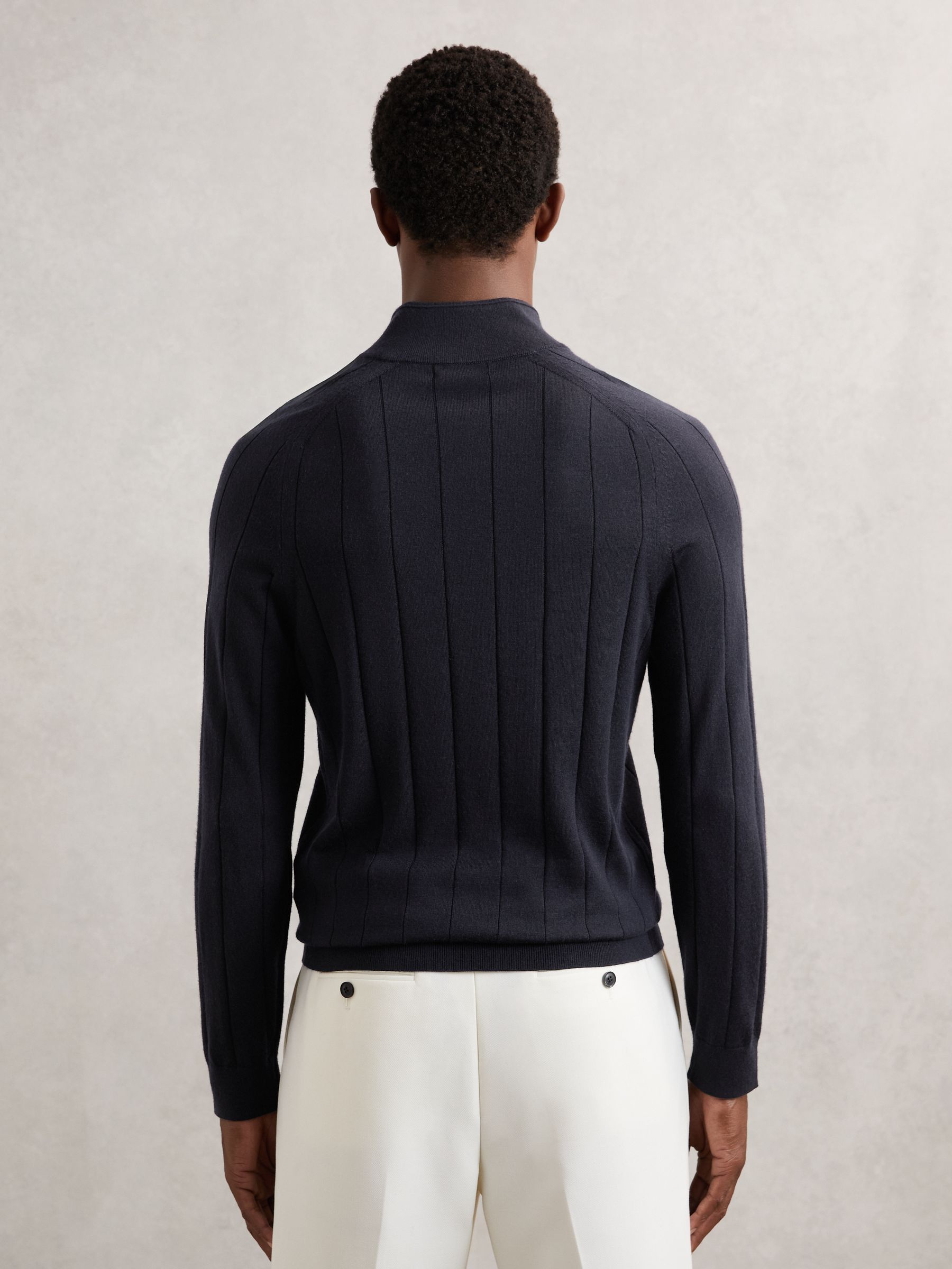 Merino Wool Wide-Rib Half-Zip Jumper in Navy