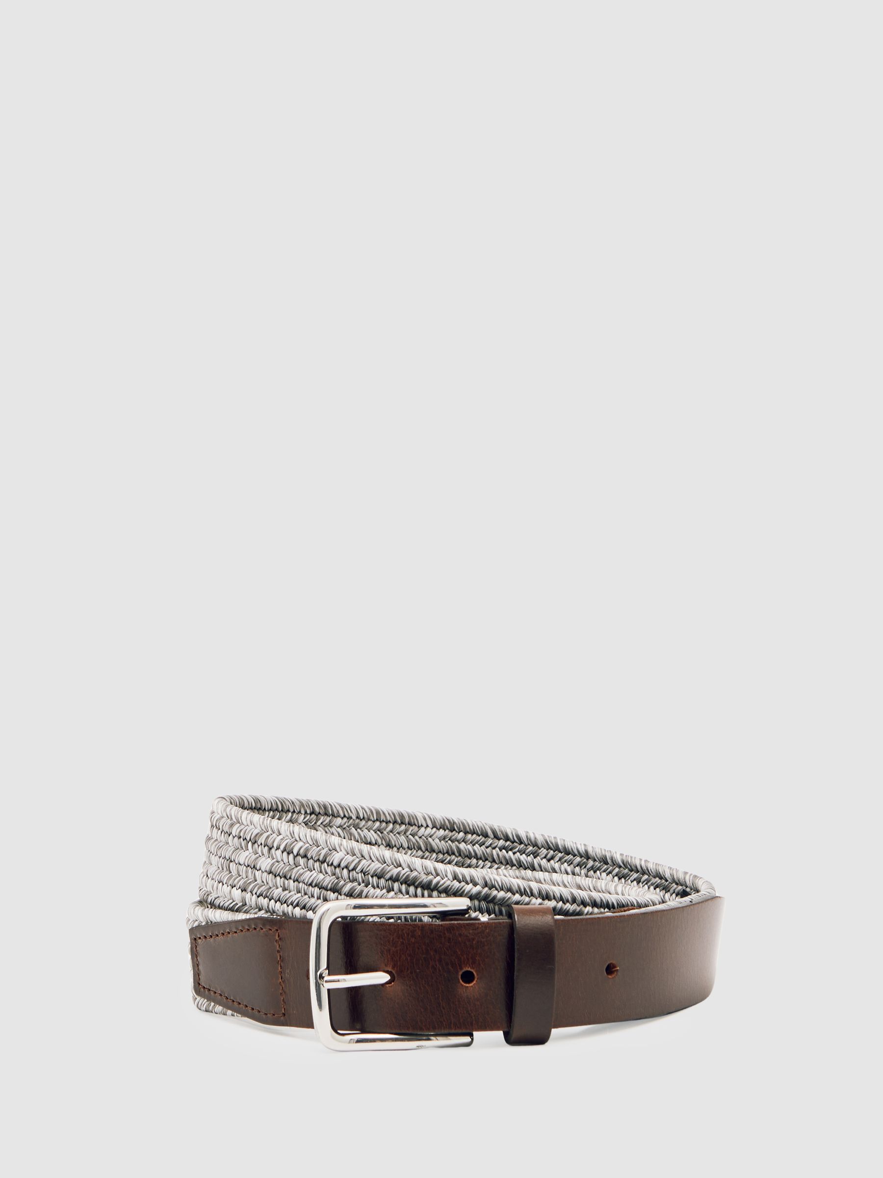 Webbing Belt With Leather Trim in Soft Grey