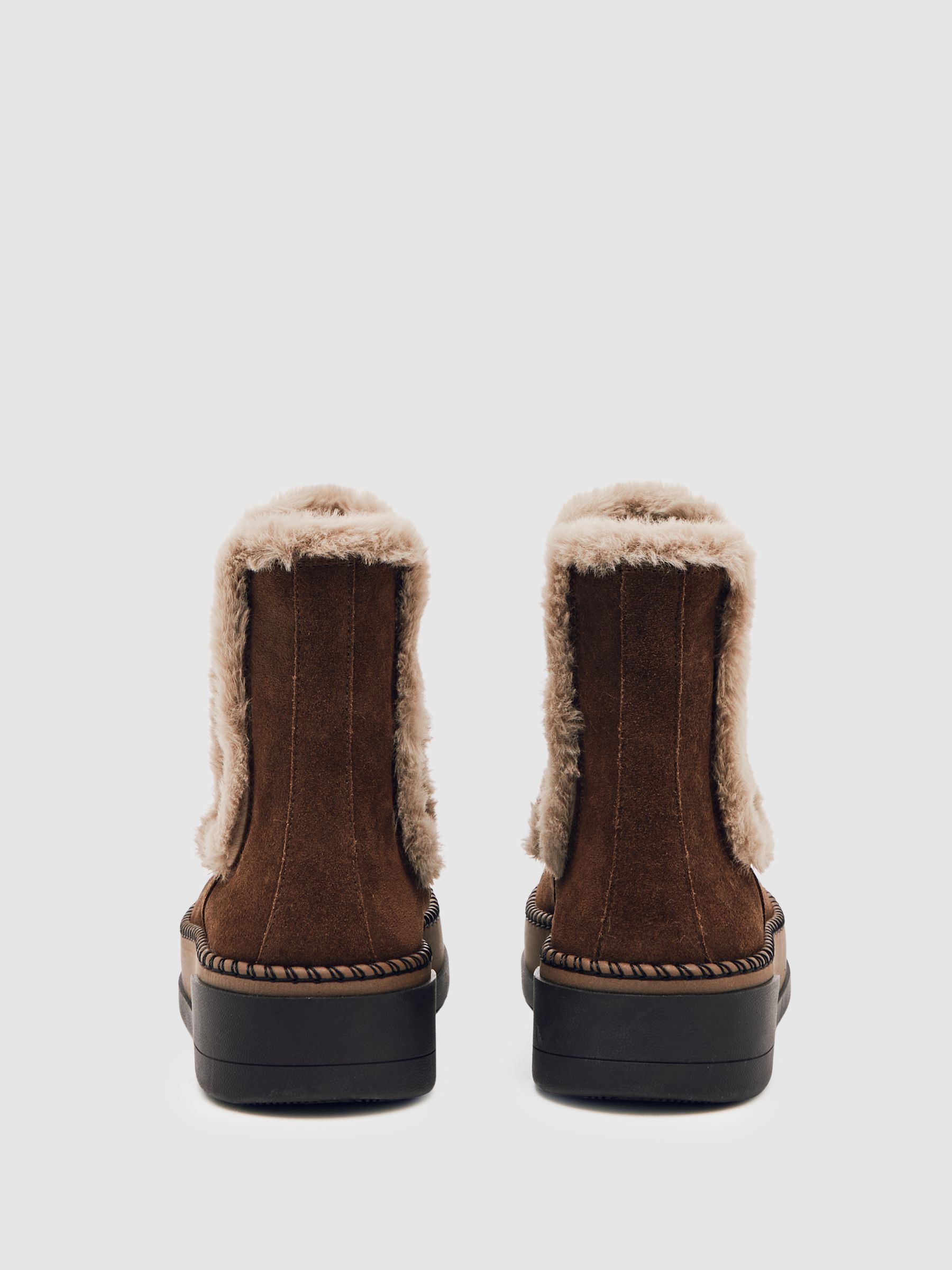 Suede Faux Fur-Trim Ankle Boots in Chocolate