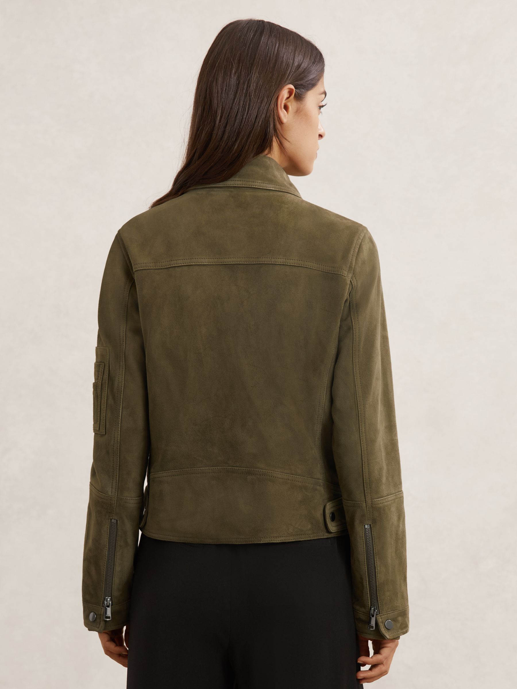 Suede Zip-Through Jacket in Khaki Green