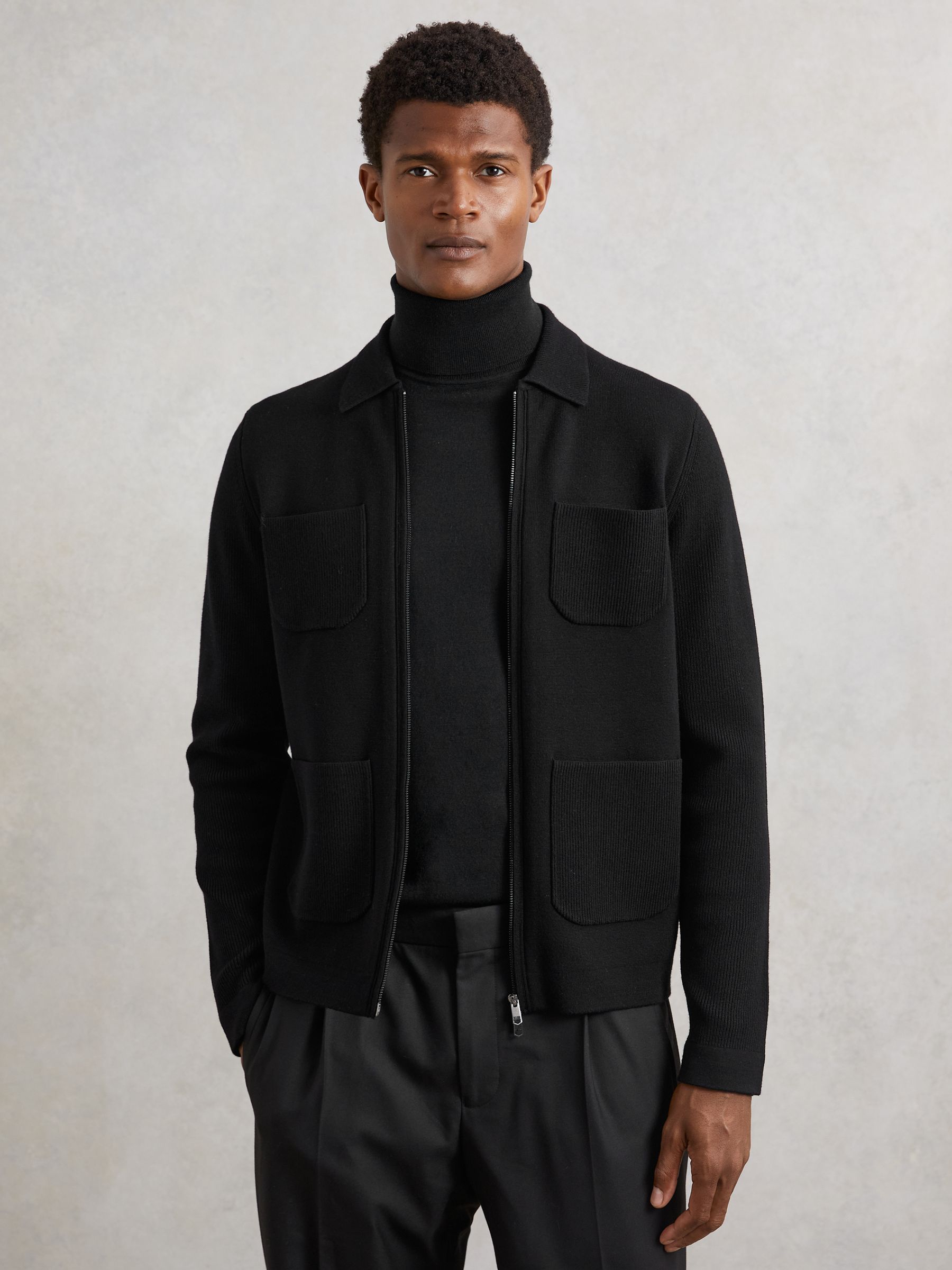 Four-Pocket Zip-Through Cardigan in Black