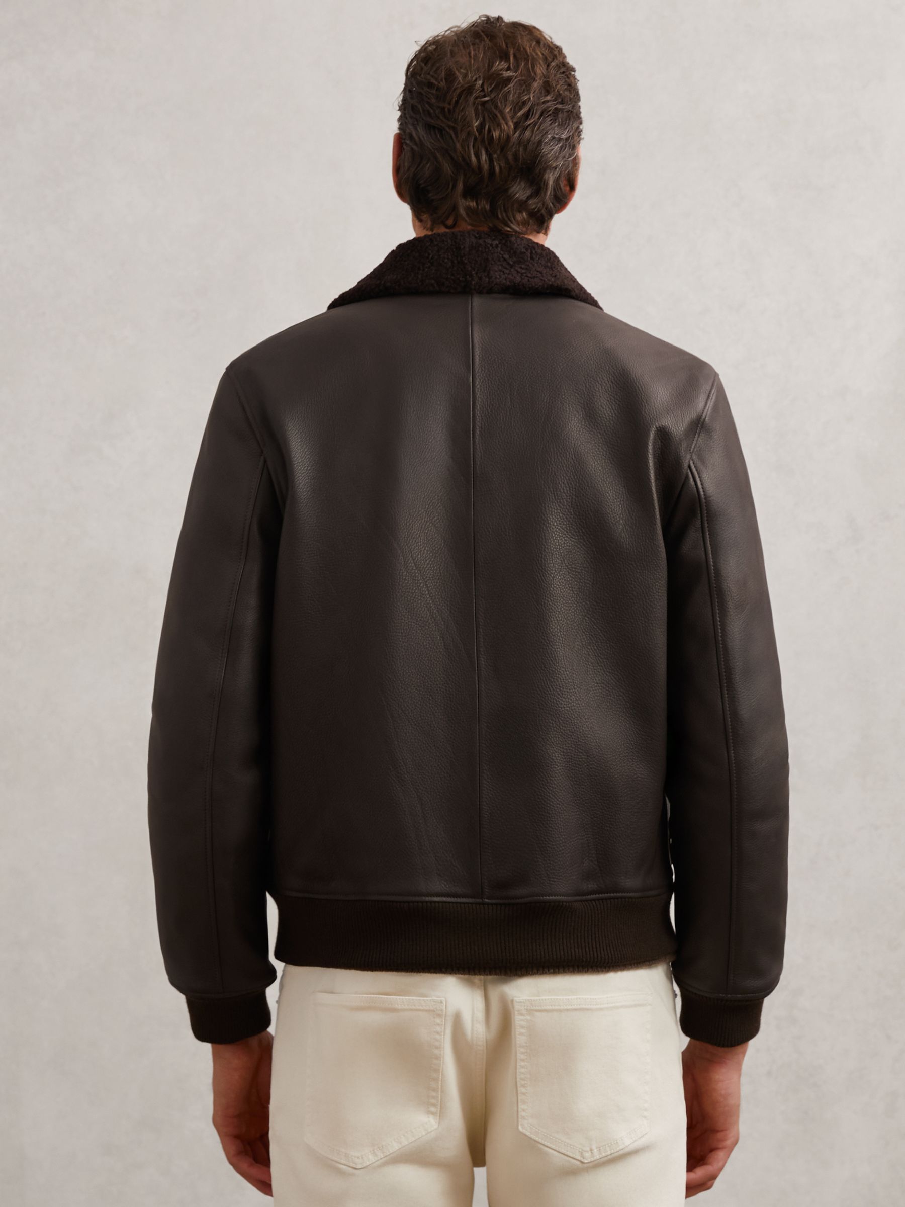 Leather Shearling-Collar Bomber Jacket in Brown