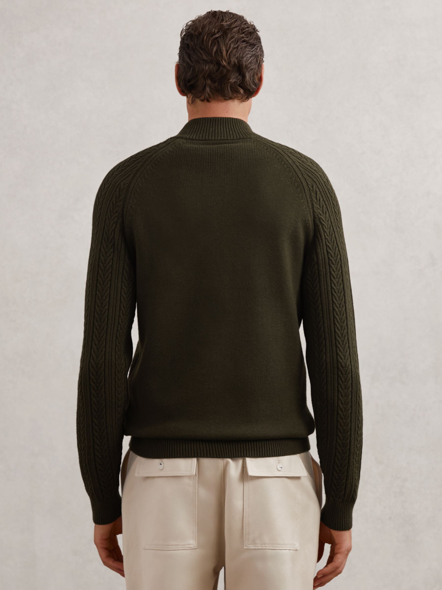 Cable-Knit Half-Zip Jumper with Wool in Dark Olive Green