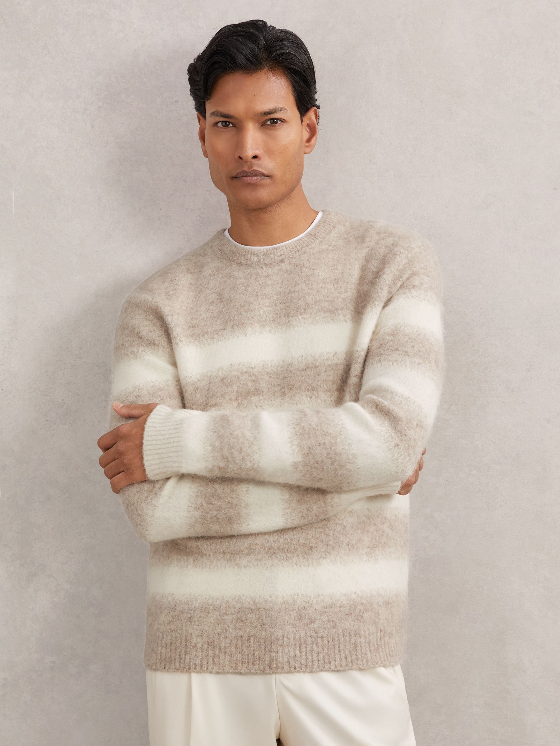 Wool-Alpaca Blend Stripe Jumper in Oatmeal/White