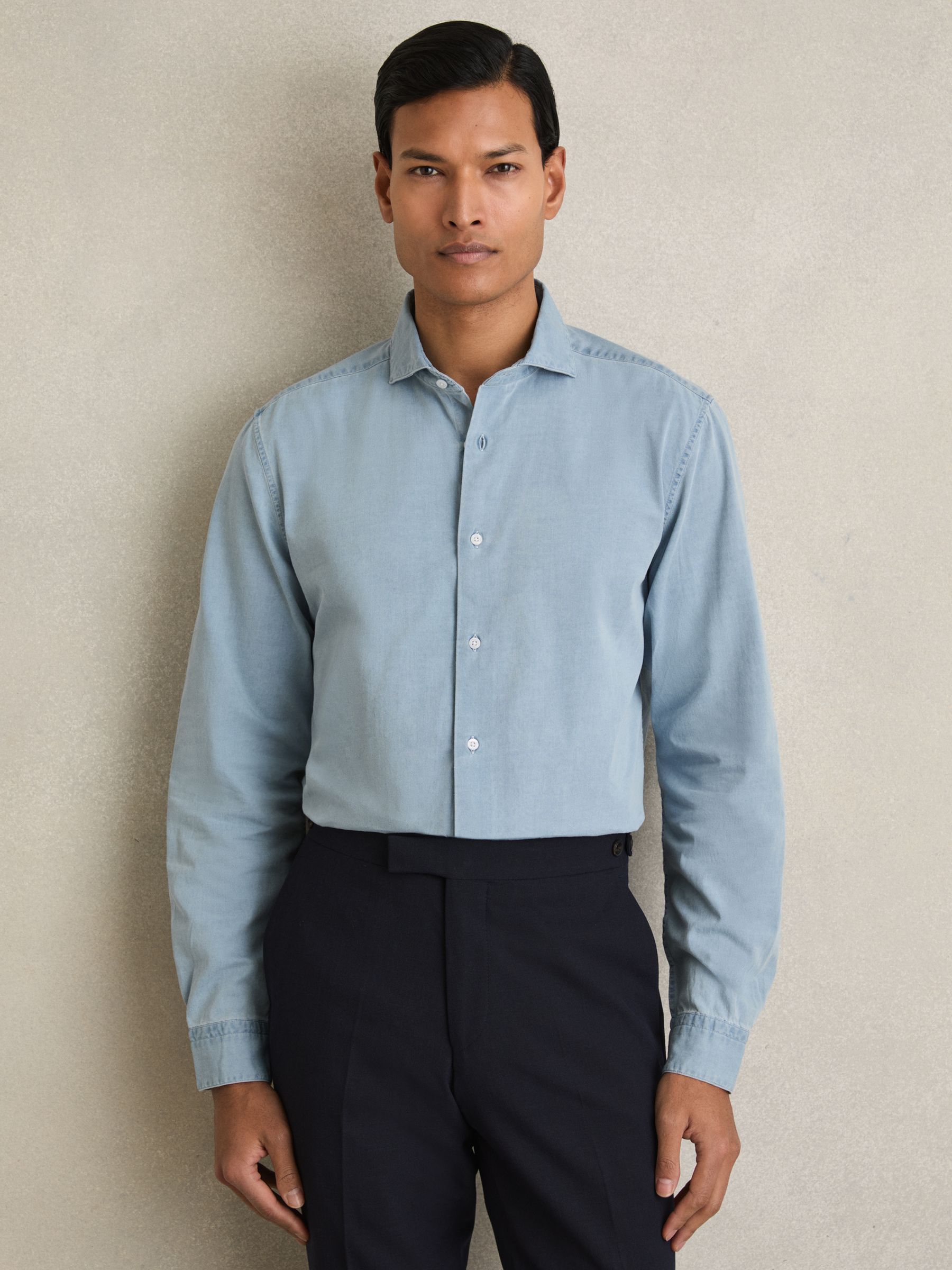 Washed Cotton Chambray Shirt in Blue