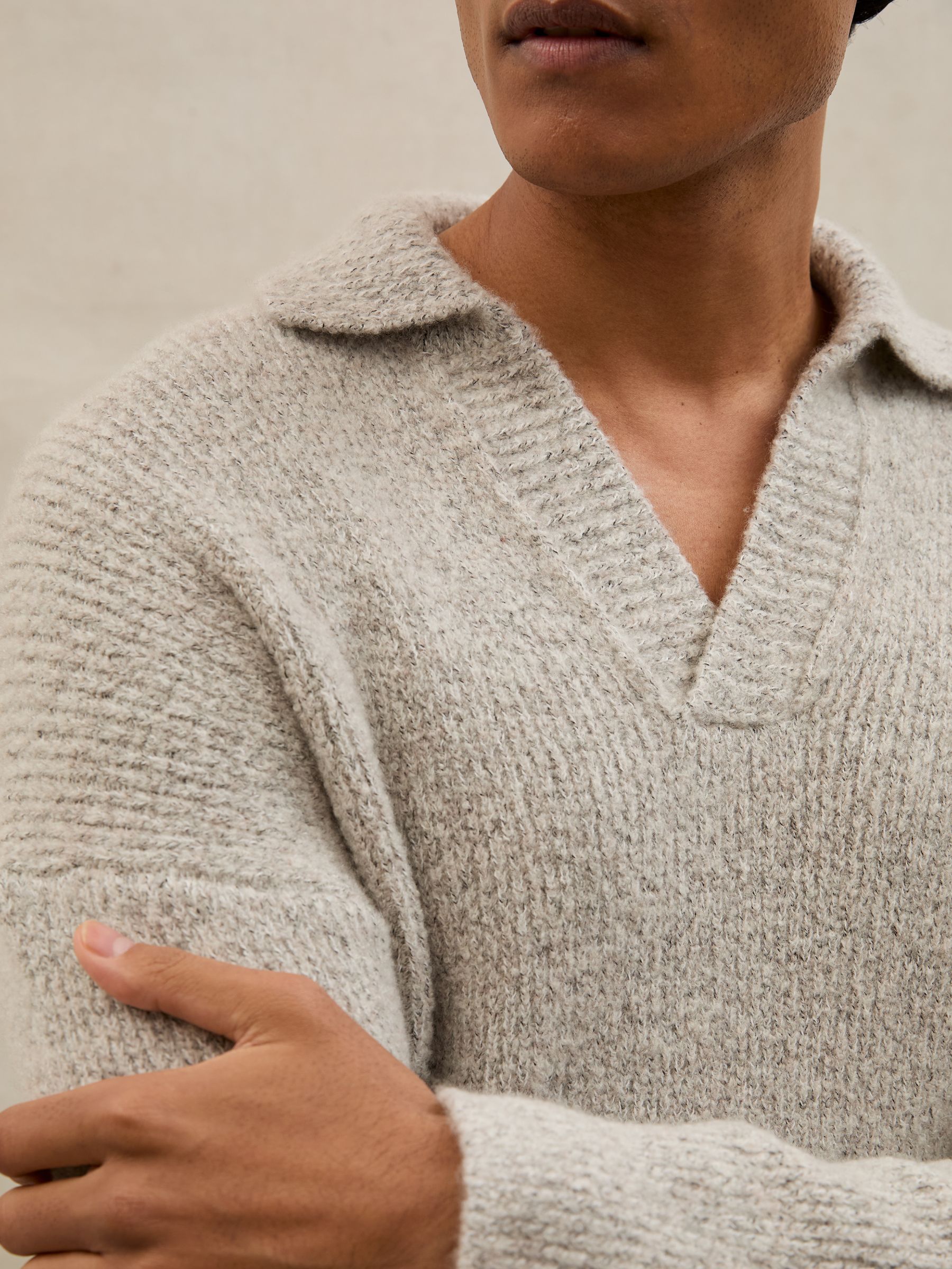 Cashmere-Blend Open-Collar Rib Jumper in Soft Grey Melange