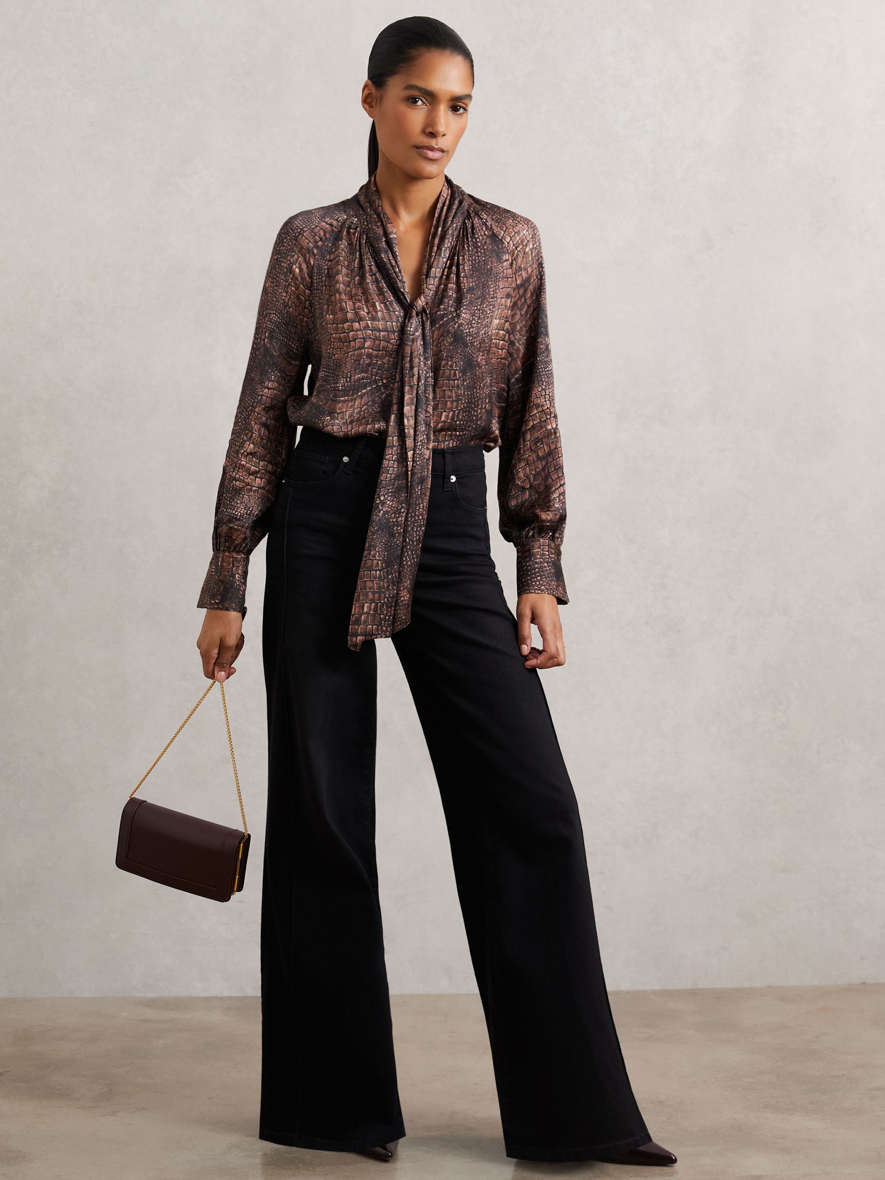 Crocodile-Print Tie-Neck Blouse in Brown