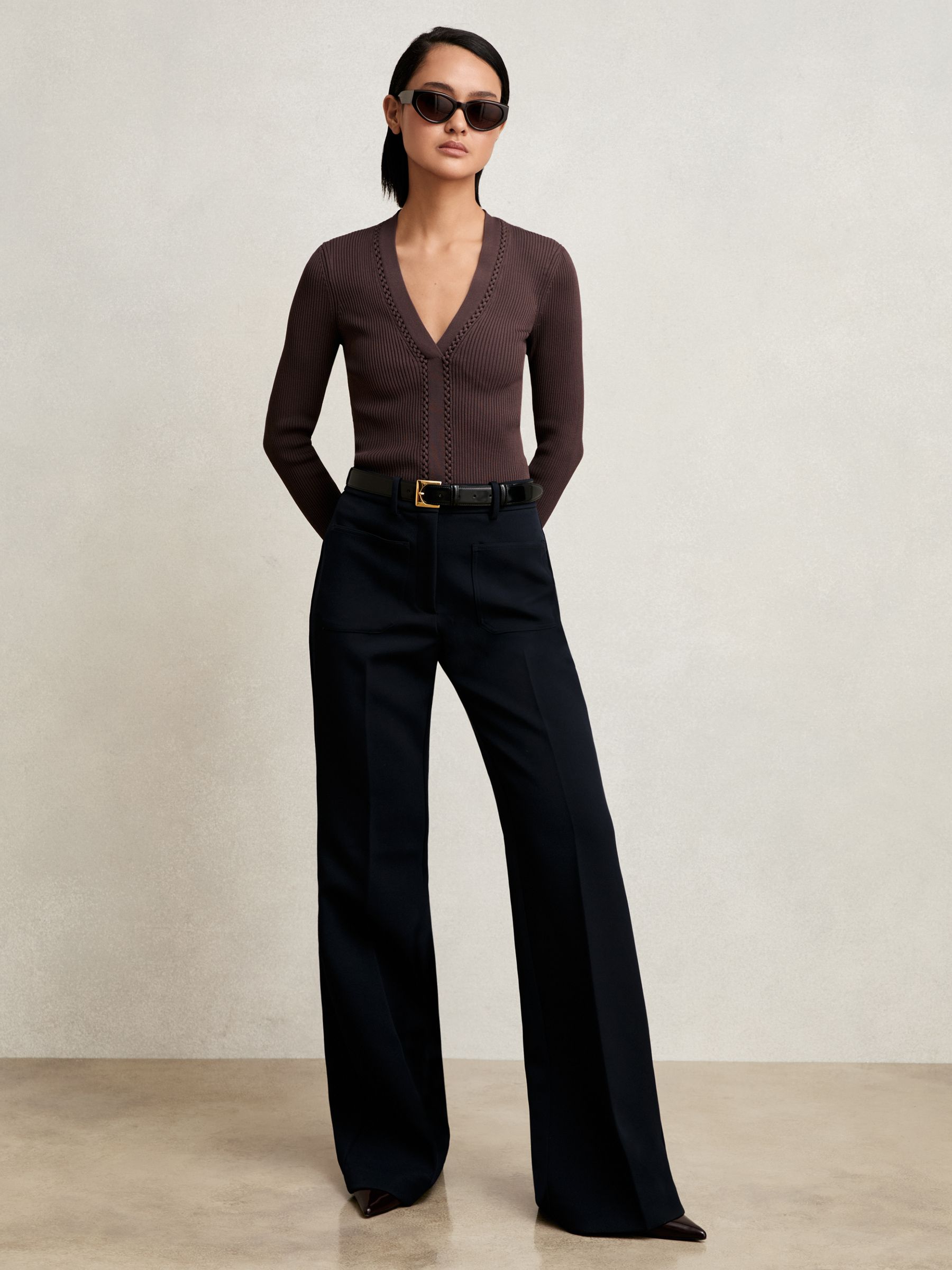 Craft-Stitch Rib-Knit Top in Mocha Brown