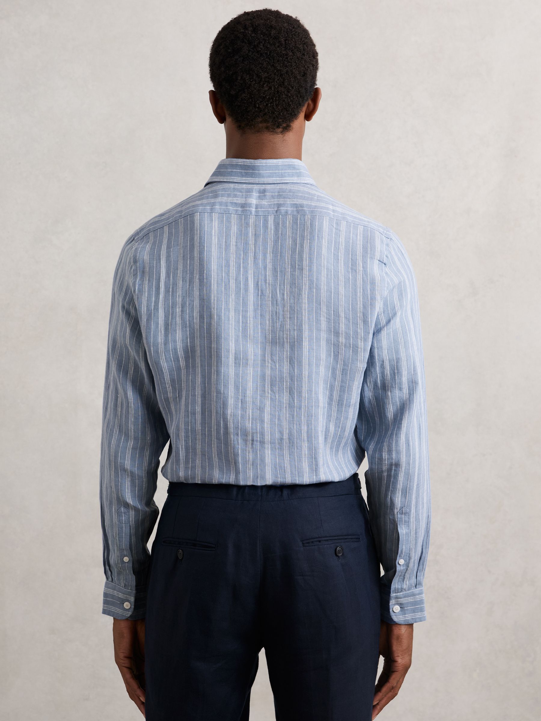 Linen Stripe Long-Sleeve Shirt in Airforce Blue/White