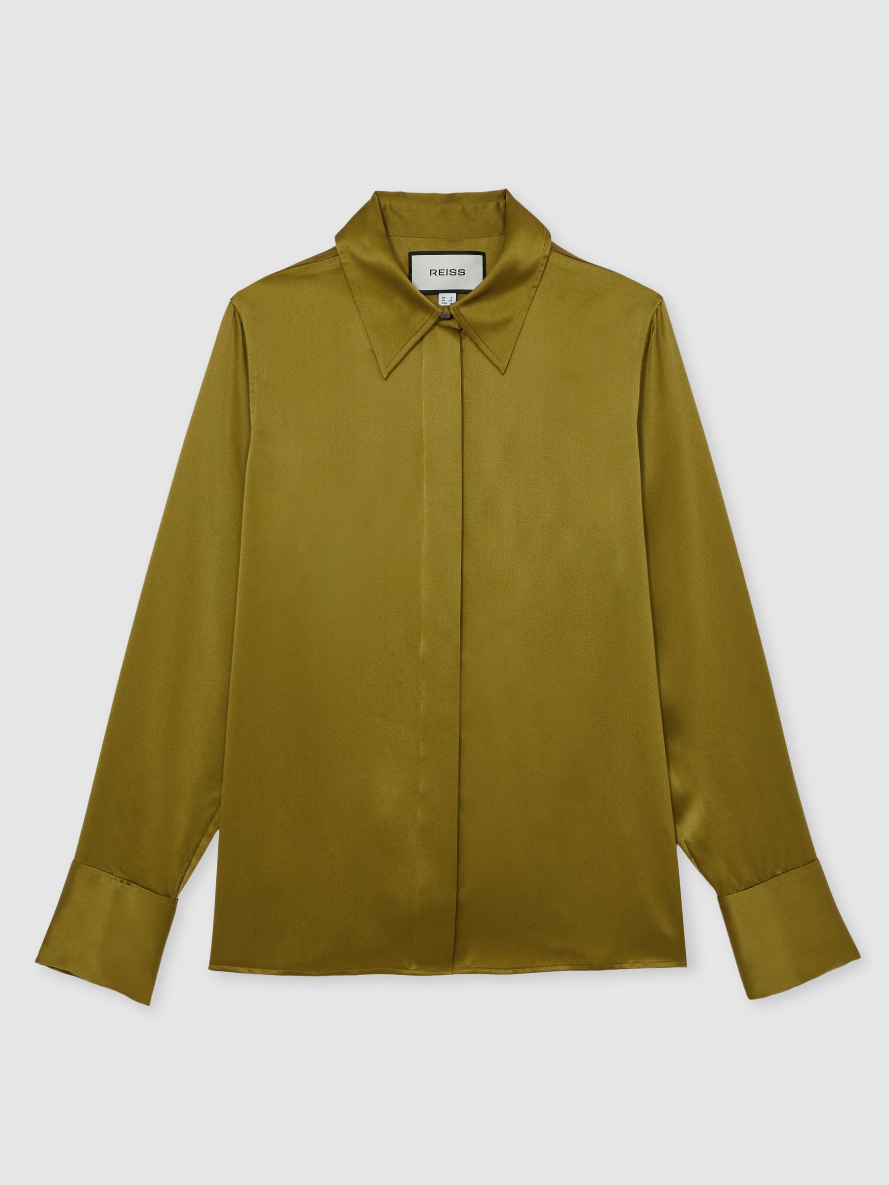 Silk-Satin Concealed-Placket Shirt in Light Green