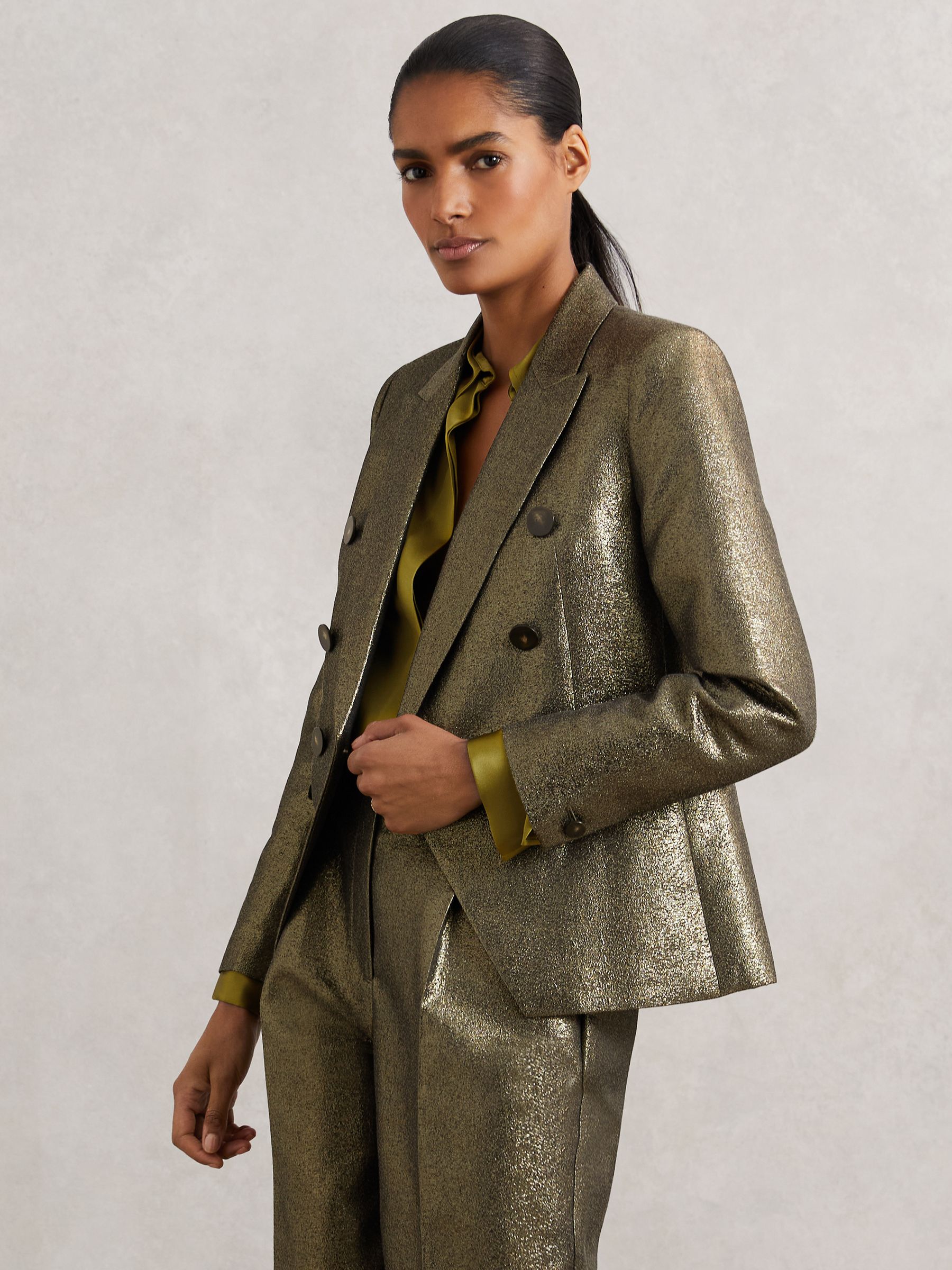 Petite Double-Breasted Metallic Suit Blazer with Cotton in Gold