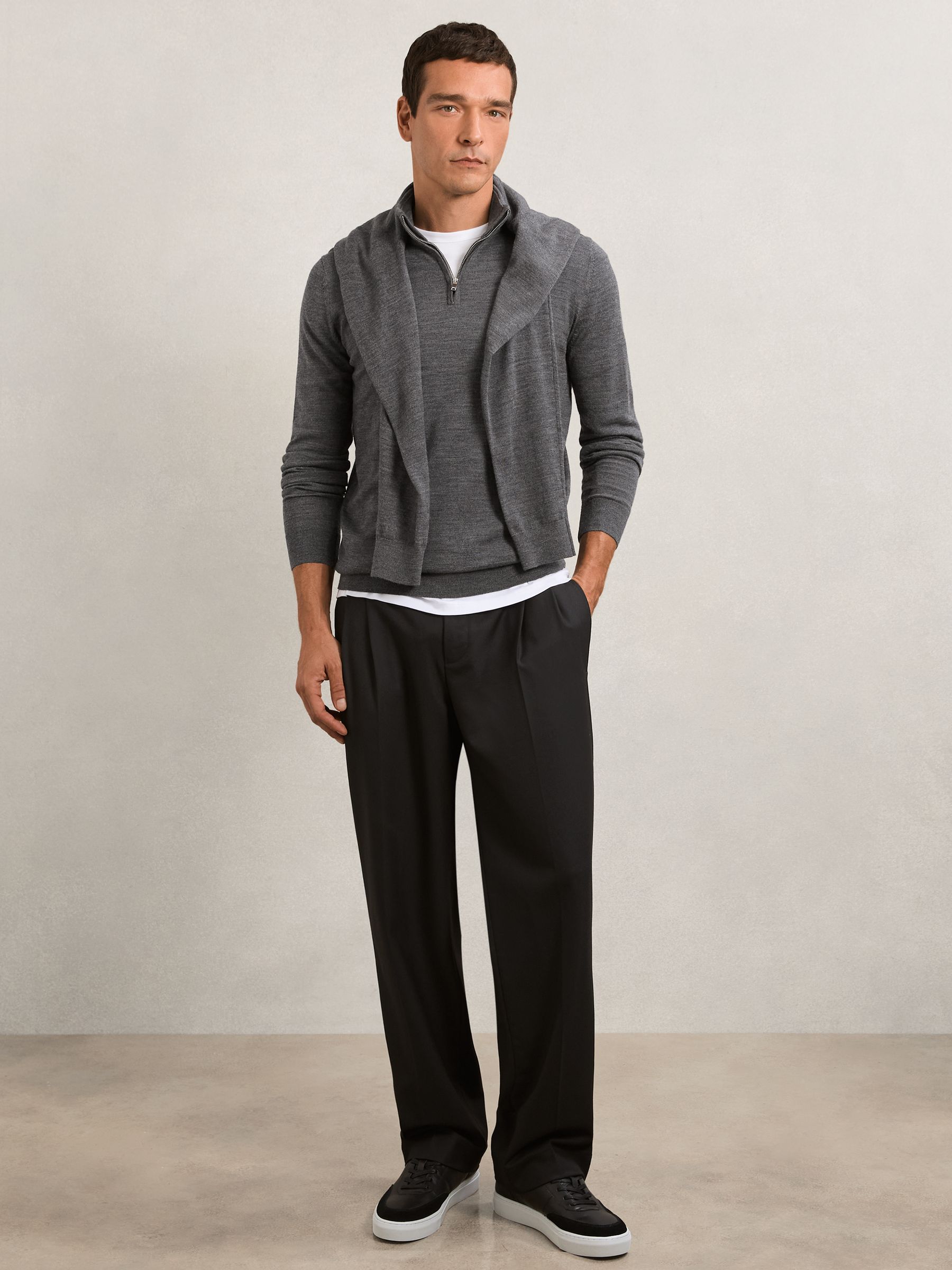 Merino Wool Half-Zip Funnel Neck Jumper in Derby Grey Marl