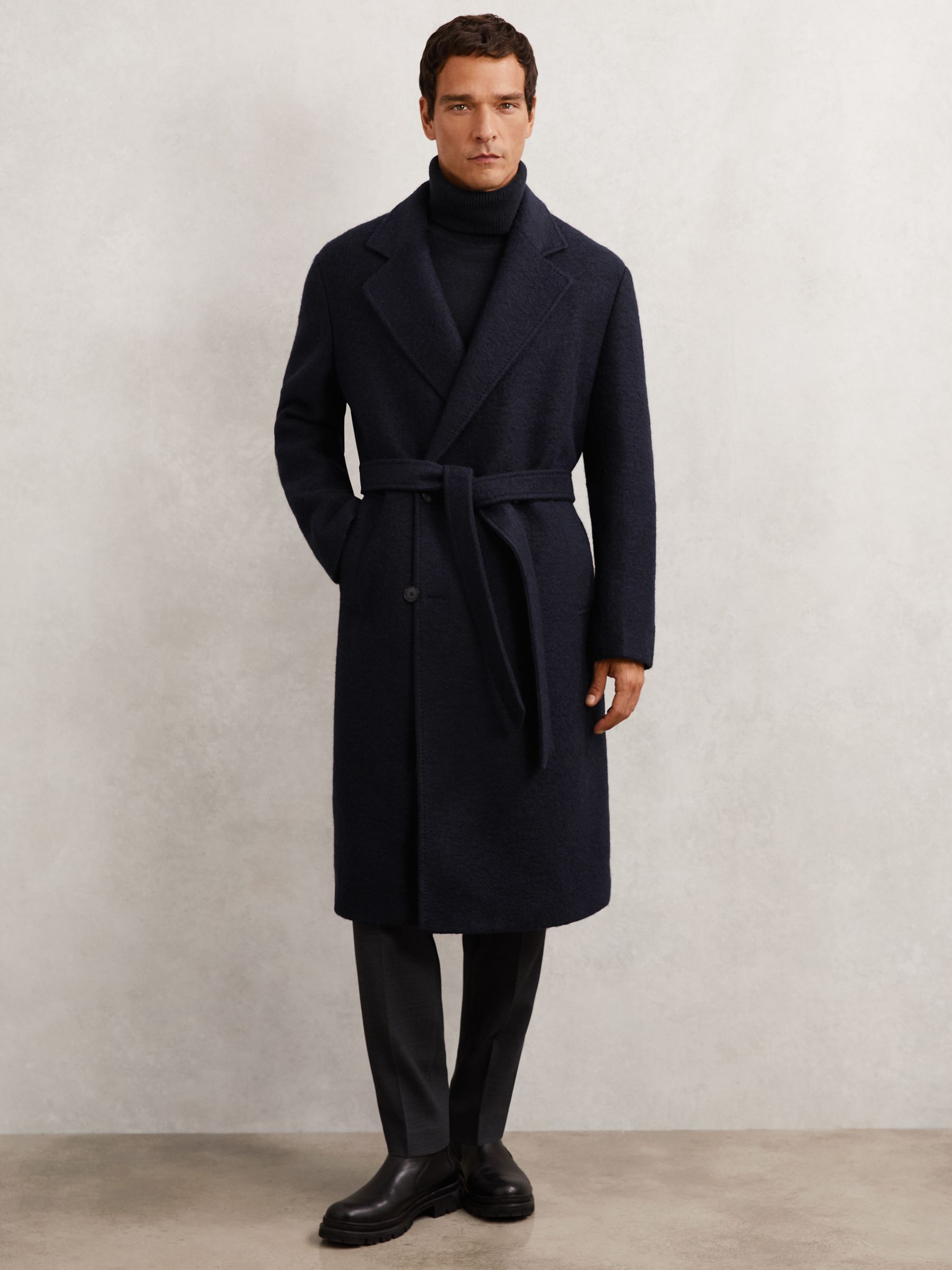Bouclé Double-Breasted Overcoat Wool-Blend in Navy
