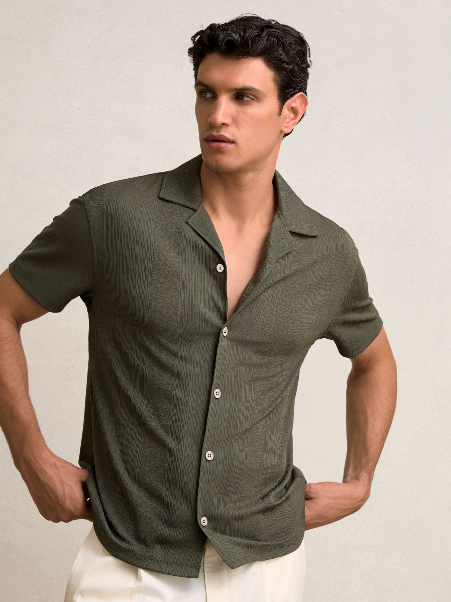 Jacquard-Stripe Cuban-Collar Shirt in Dark Green