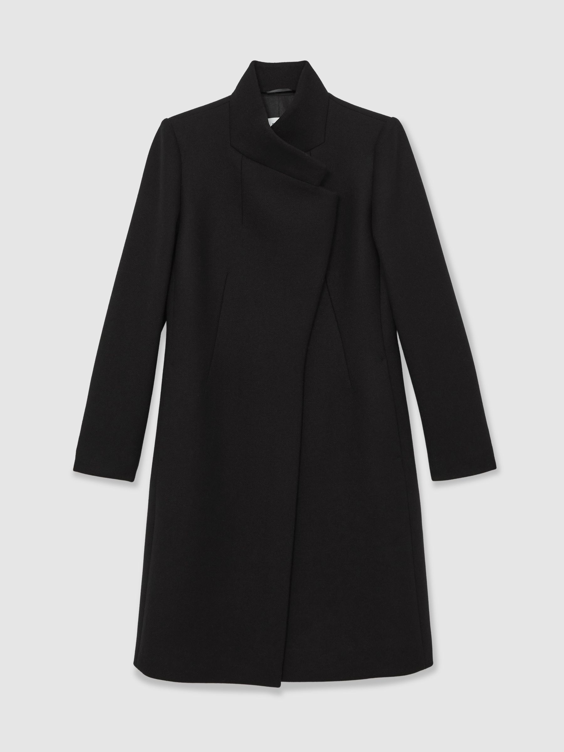 Wool-Blend Wrapover Mid-Length Coat in Black
