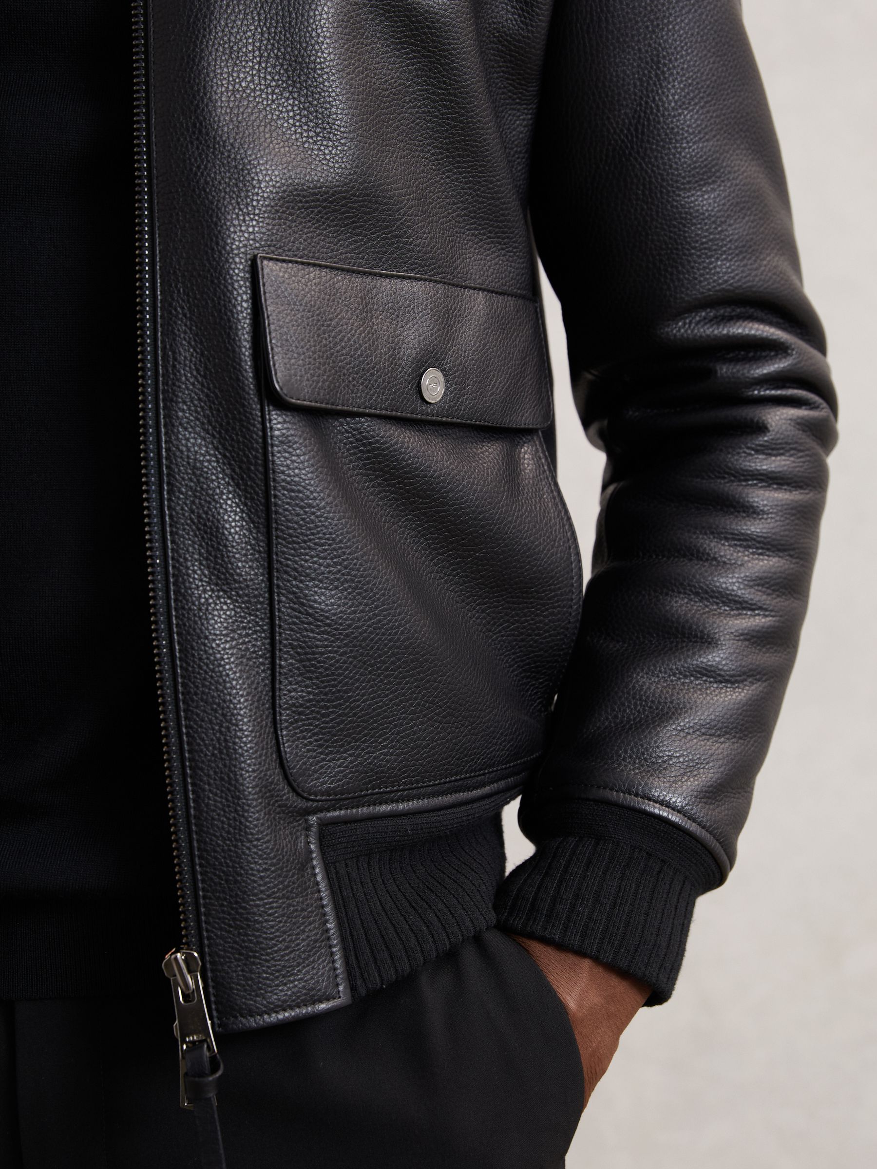 Leather Shearling-Collar Bomber Jacket in Black