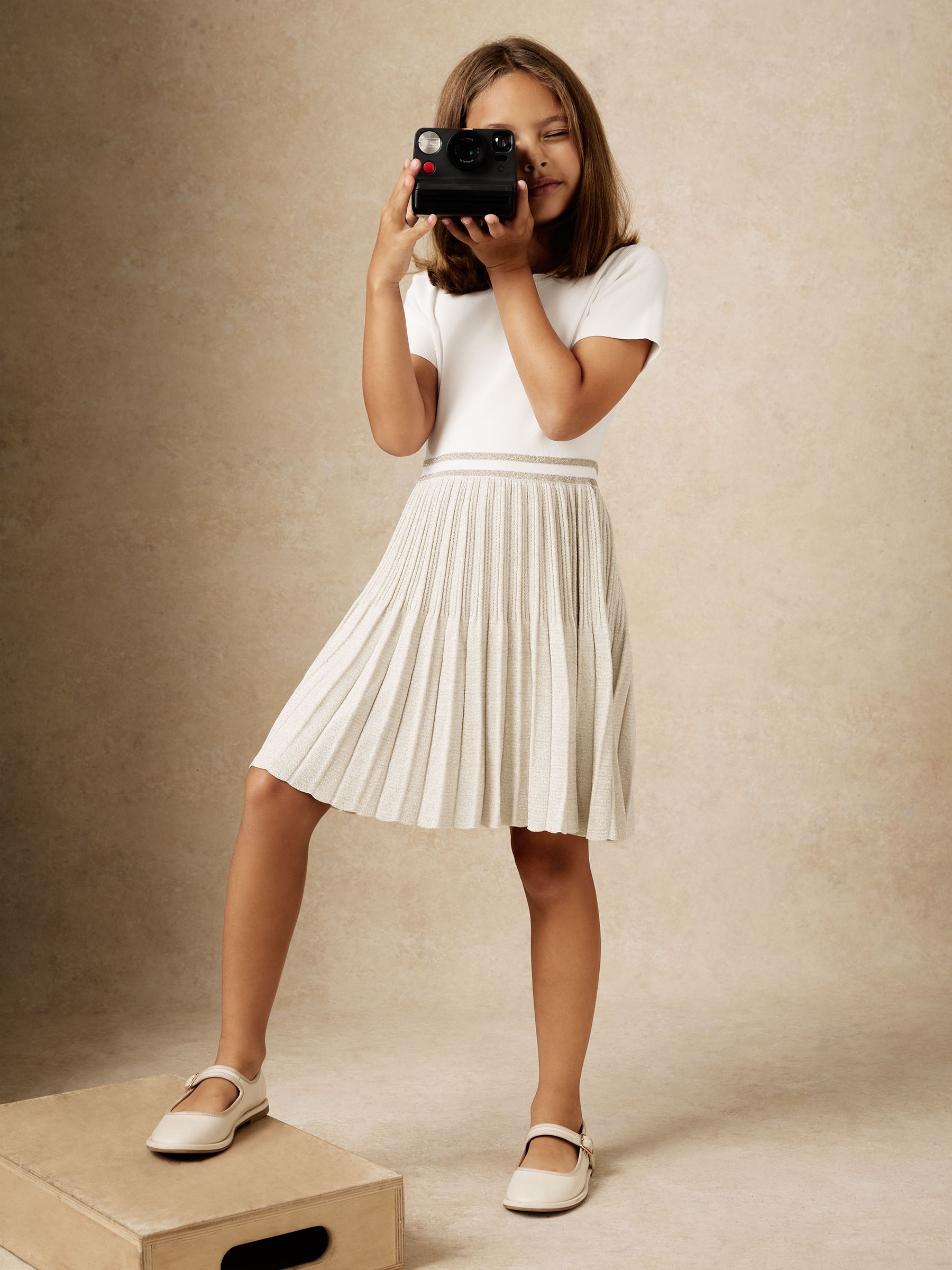 Metallic-Knit Pleated Dress in Ivory