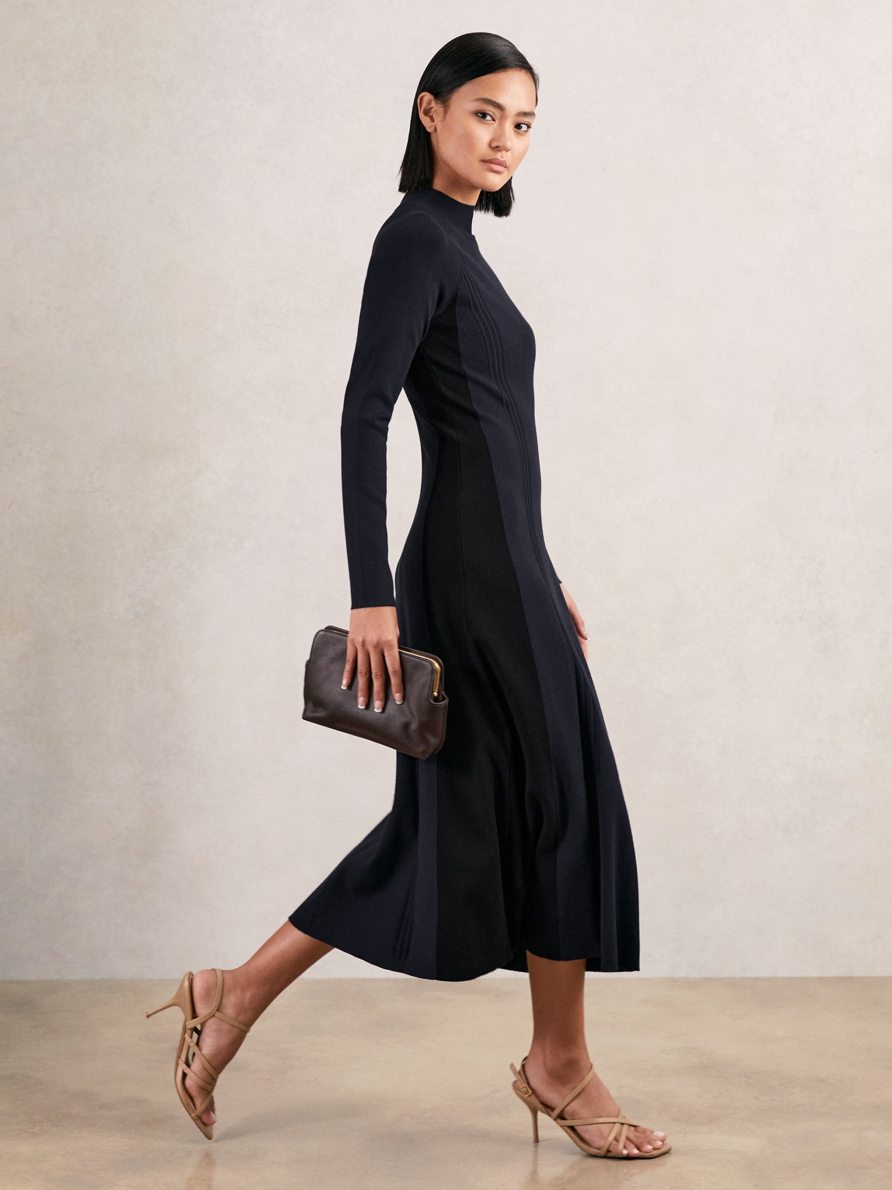 Petite Knitted Contrast-Panel Midi Dress in Navy/Black