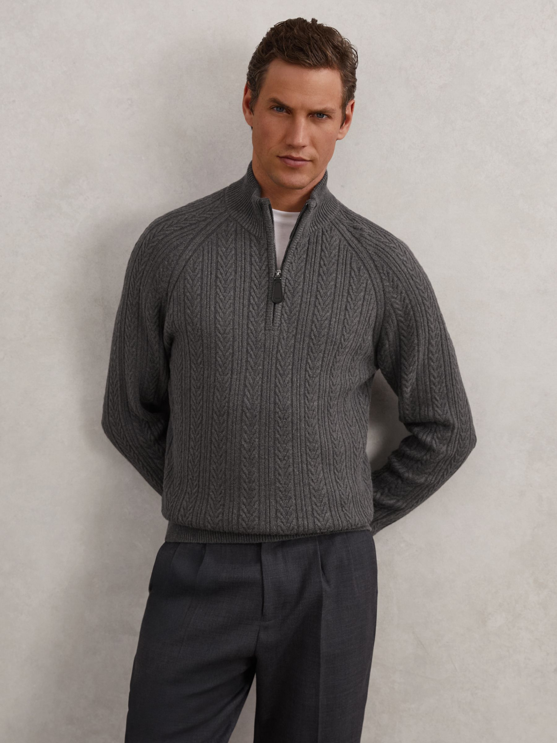 Cable-Knit Half-Zip Jumper with Wool in Mid Grey Melange
