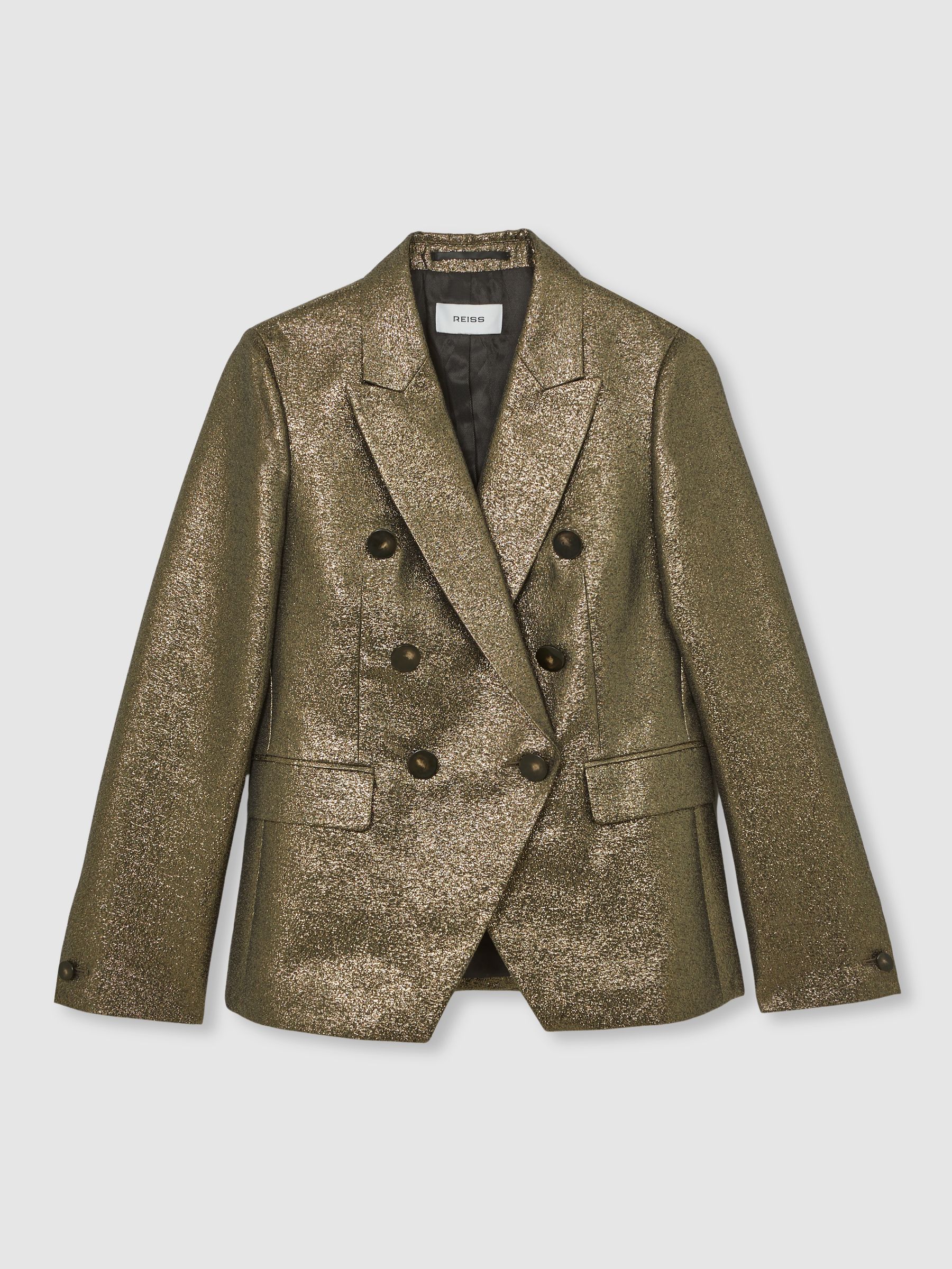 Petite Double-Breasted Metallic Suit Blazer with Cotton in Gold