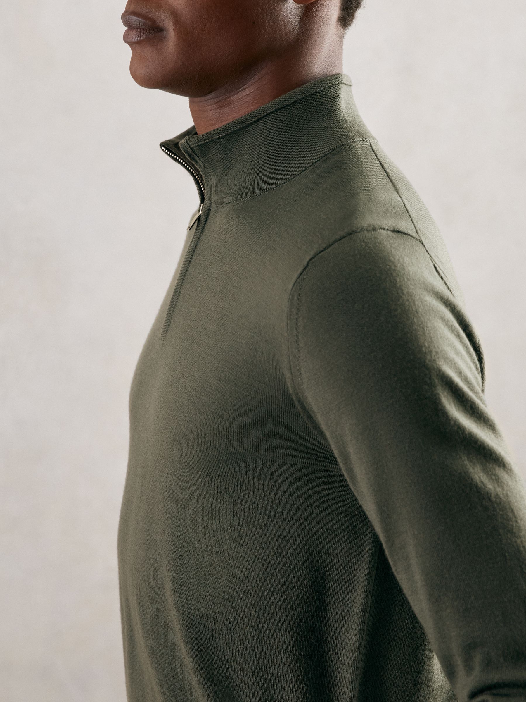 Merino Wool Half-Zip Funnel Neck Jumper in Kale Green