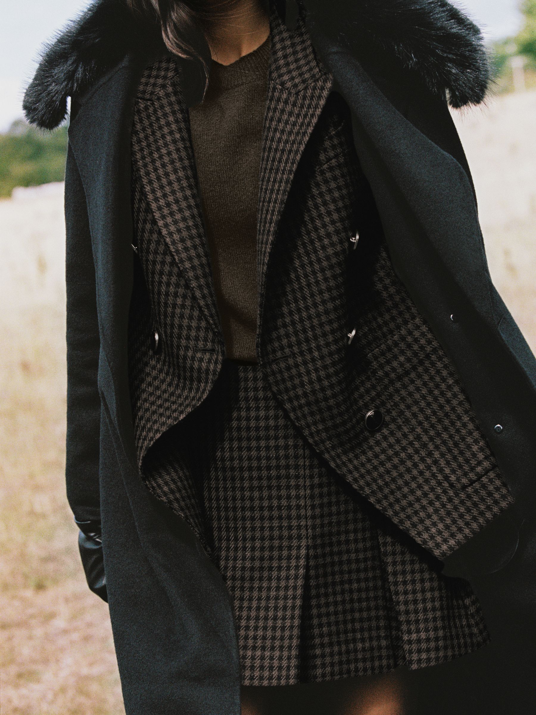 Wool-Blend Double-Breasted Check Blazer in Brown Check