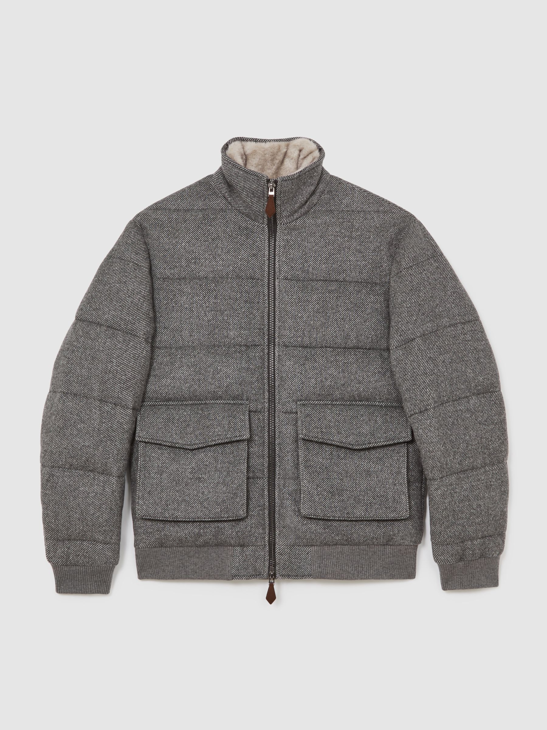 Faux-Fur Collar Quilted Puffer Jacket in Grey