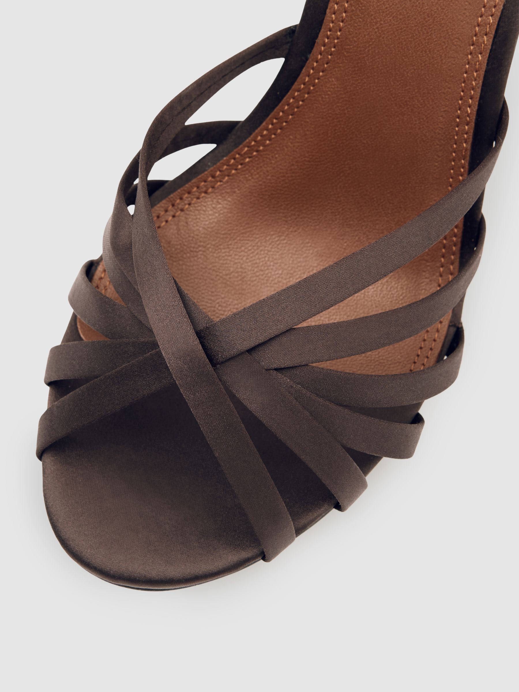 Satin Cross-Strap Heeled Sandals in Chocolate