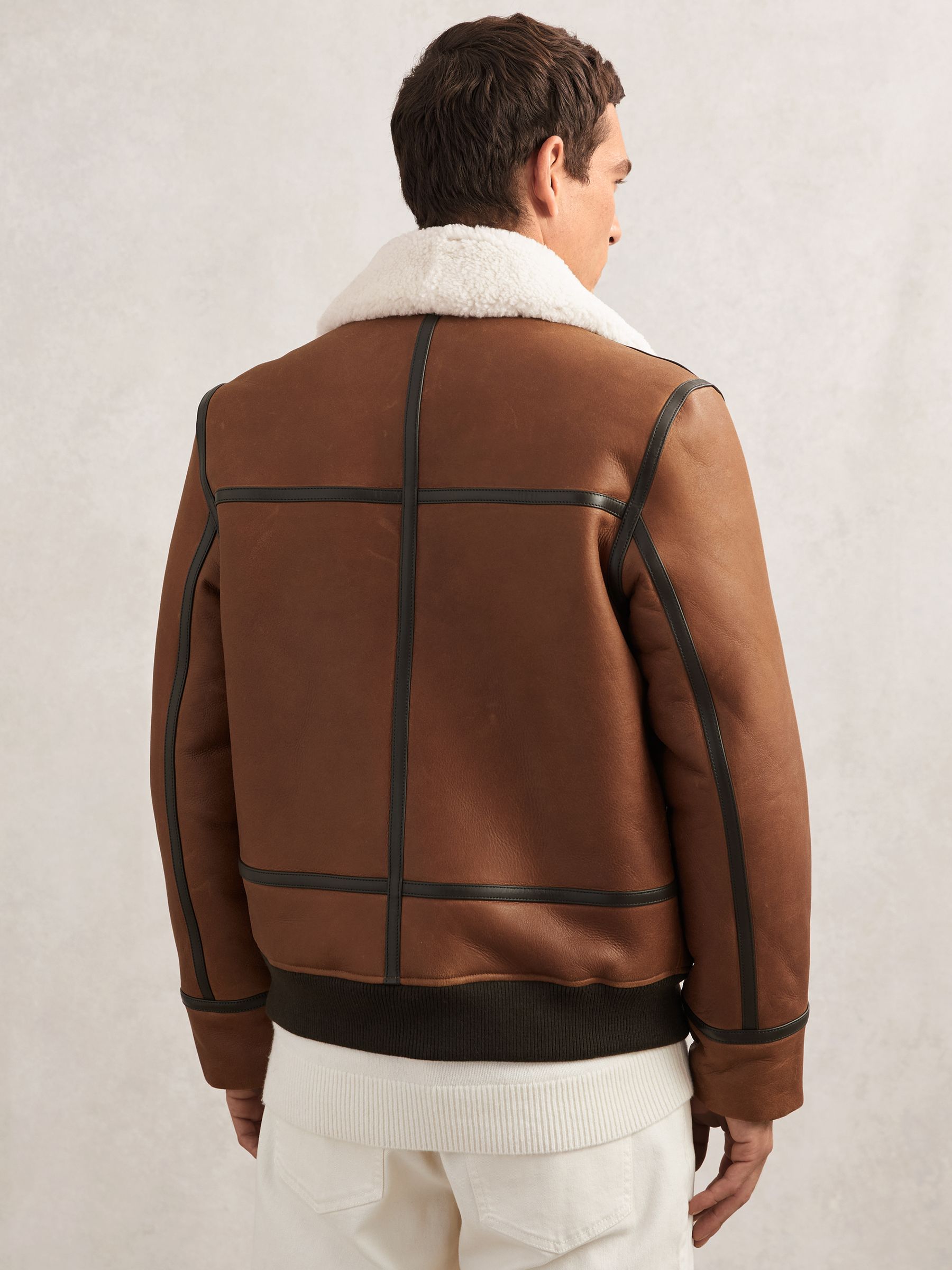 Leather Shearling-Collar Jacket in Cognac Brown