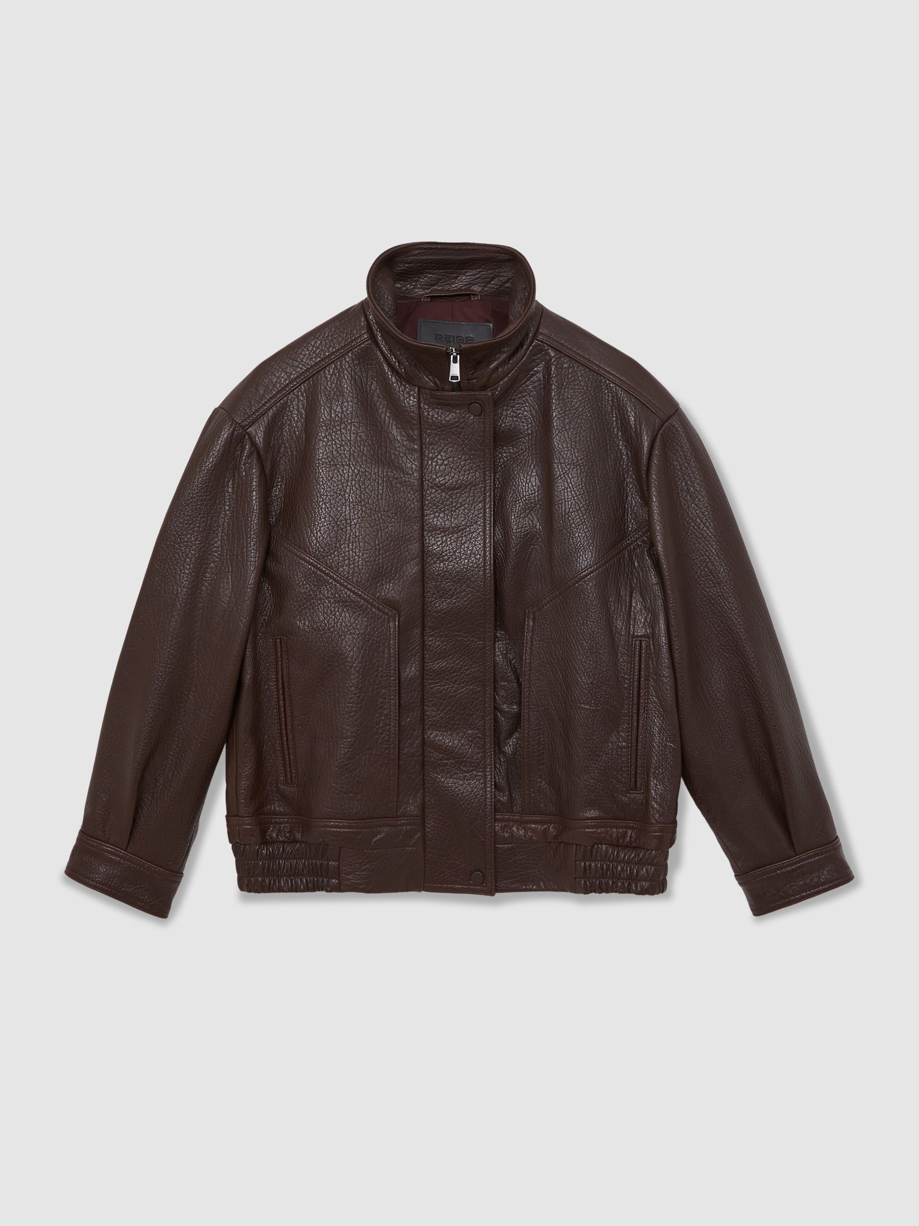 Oversize Grained-Leather Bomber Jacket in Burgundy