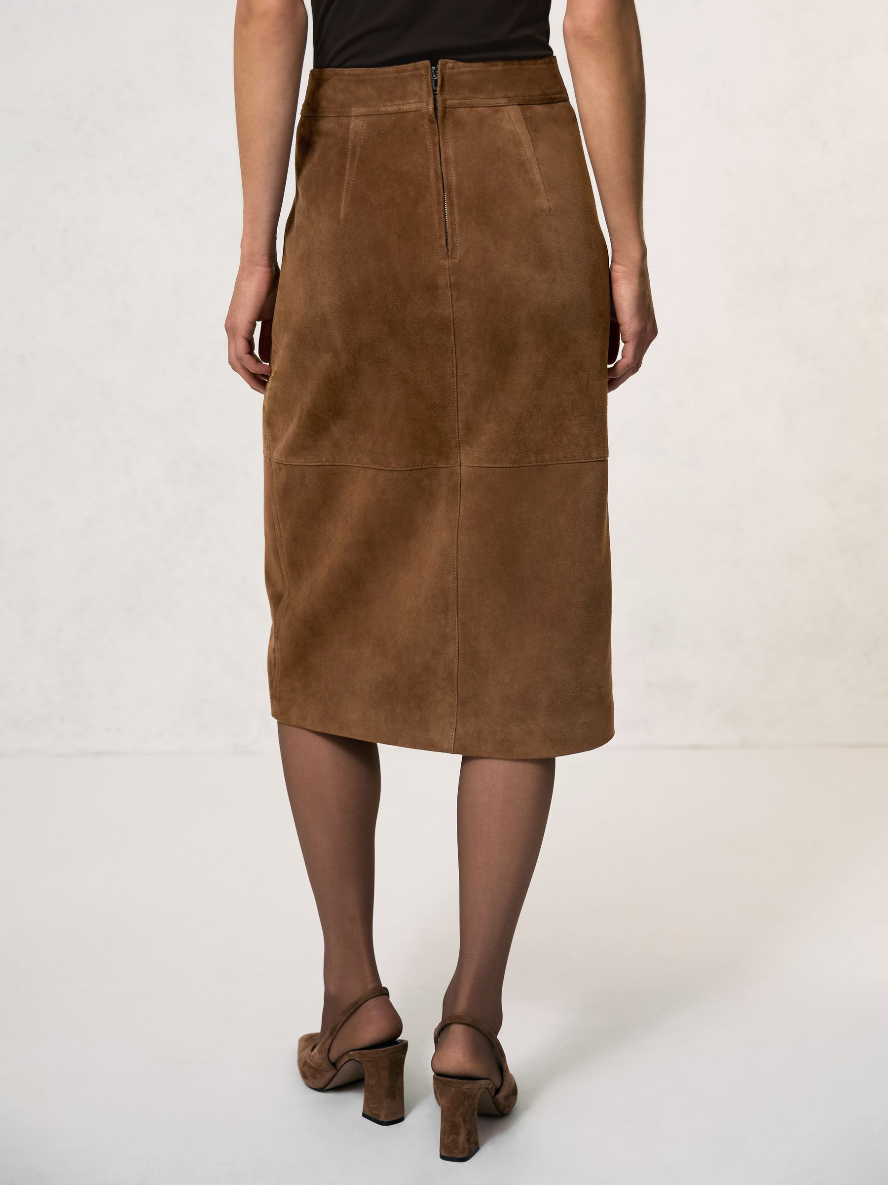 Suede Straight-Fit Midi Skirt in Tan Brown