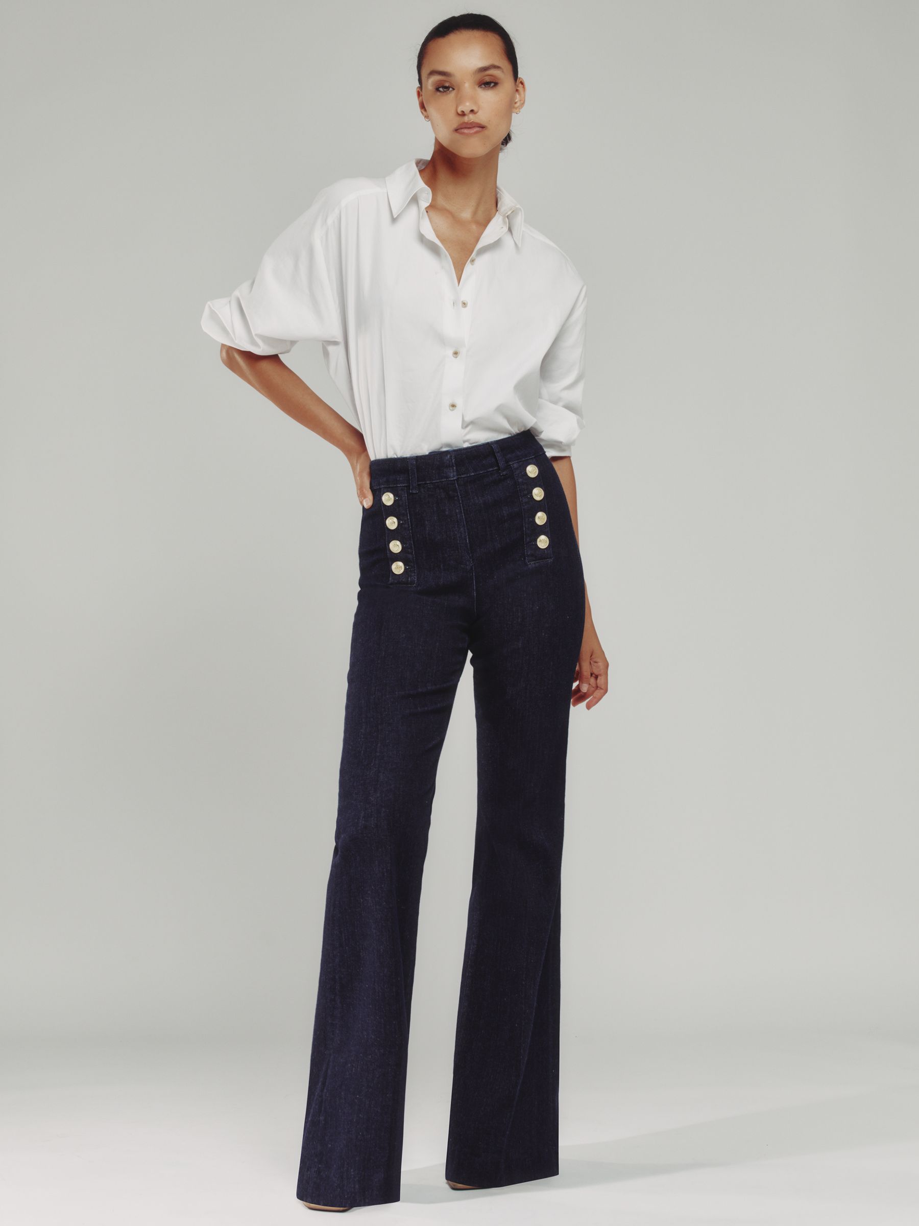 Button-Detail High-Rise Flared Jeans in Dark Blue