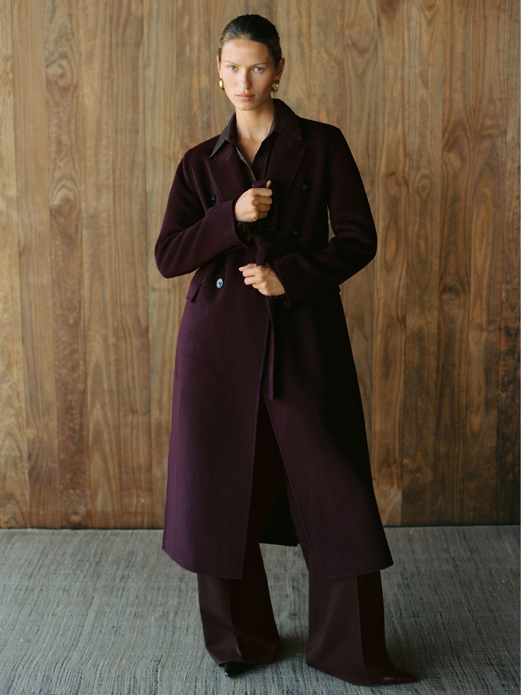 Double-Breasted Blindseam Coat Wool-Blend in Burgundy