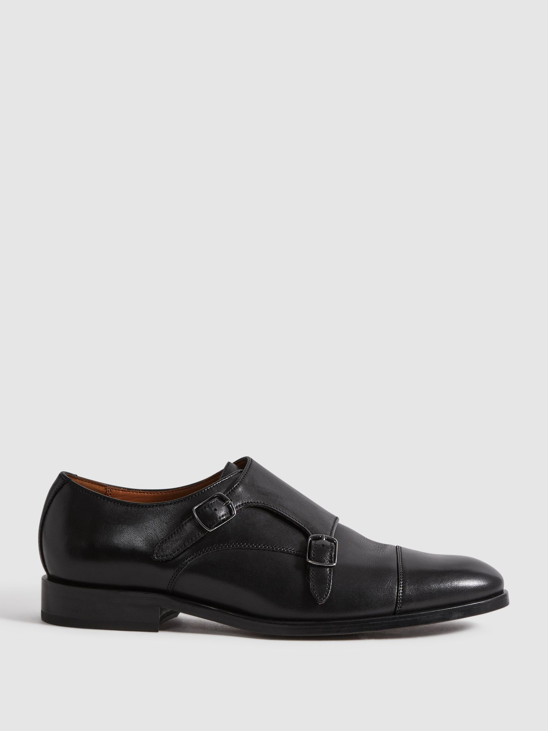 Leather Double Monk Strap Shoes in Black