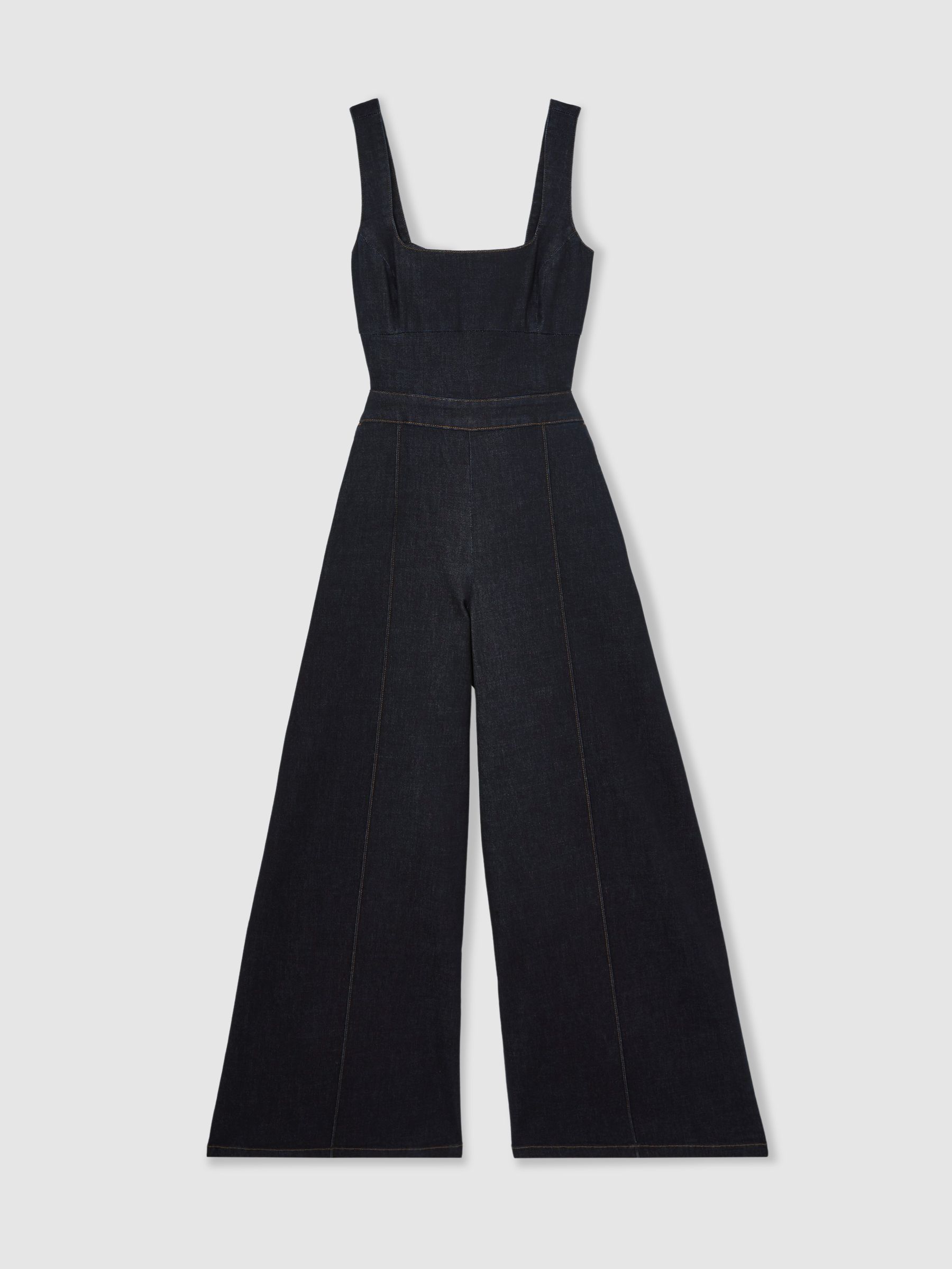 Wide-Leg Cut-Out Denim Jumpsuit in Dark Blue