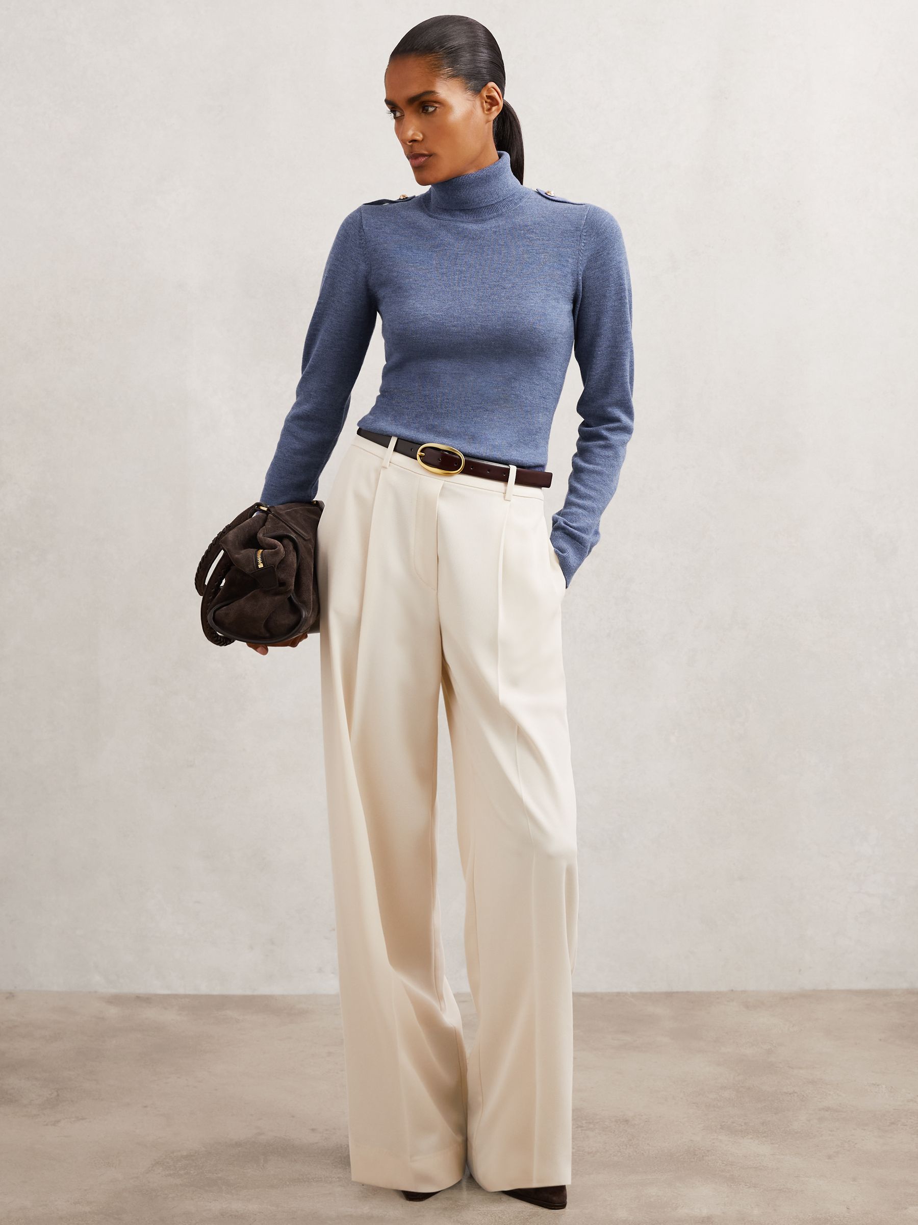 Wool Epaulette Roll-Neck Jumper in Blue